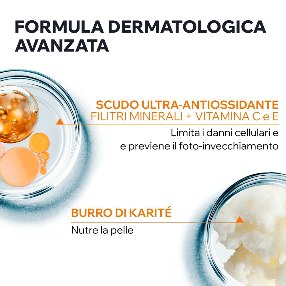 Immagine degli ingredienti: Filtri minerali, vitamina C & E, burro di karité. Testo: Protegge dai danni cellulari e previene l'invecchiamento.
