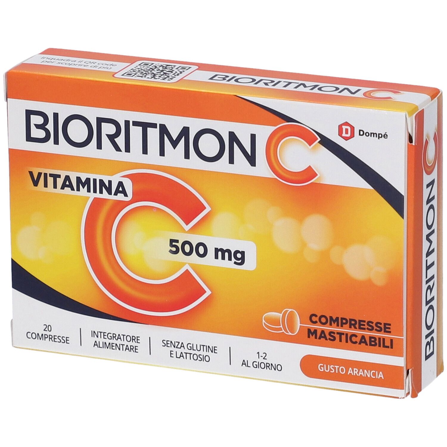 Scatola di Bioritmon C. Scatola arancione con nome del prodotto, vitamina C 500 mg e logo. 20 compresse masticabili.