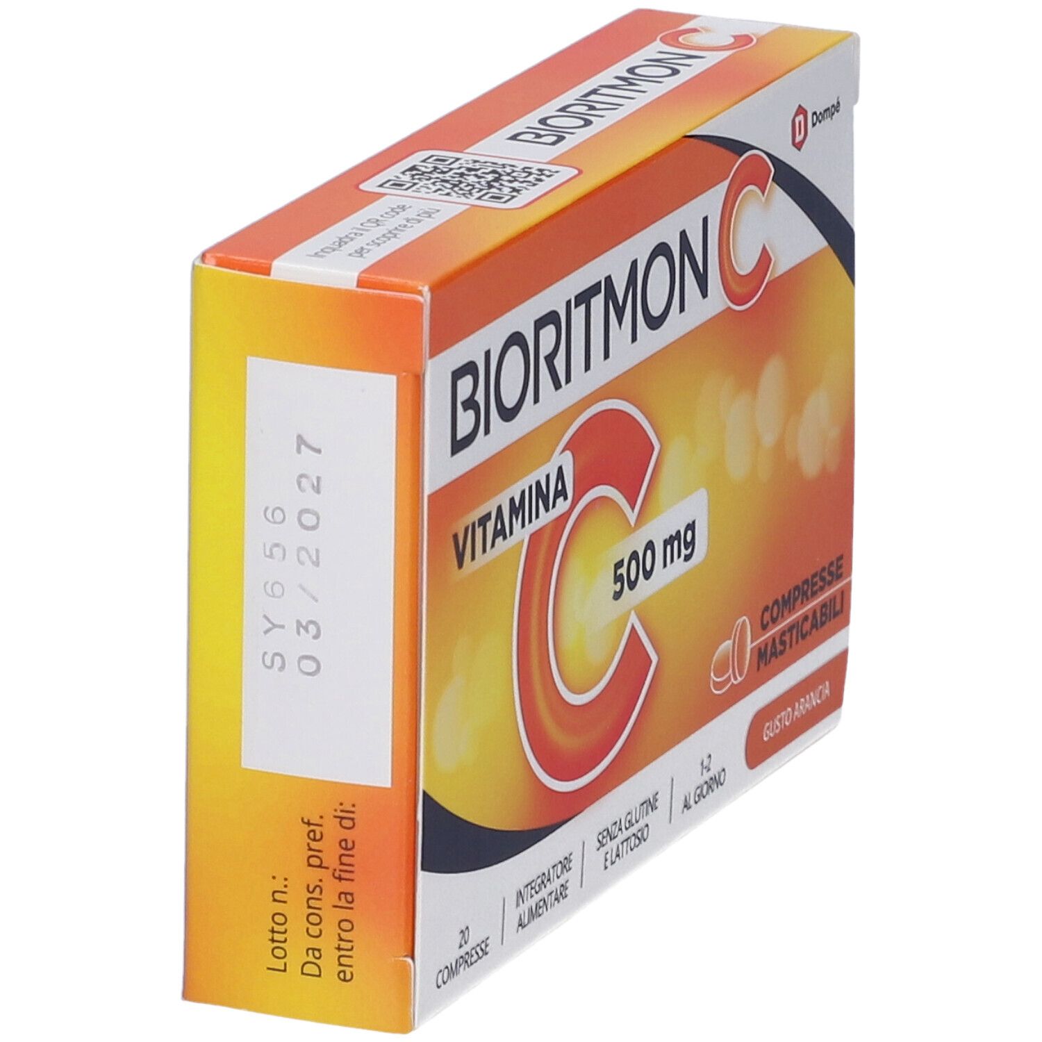Scatola di Bioritmon C, in diagonale. Design arancione con nome del prodotto, vitamina C 500 mg e logo. 20 compresse masticabili.