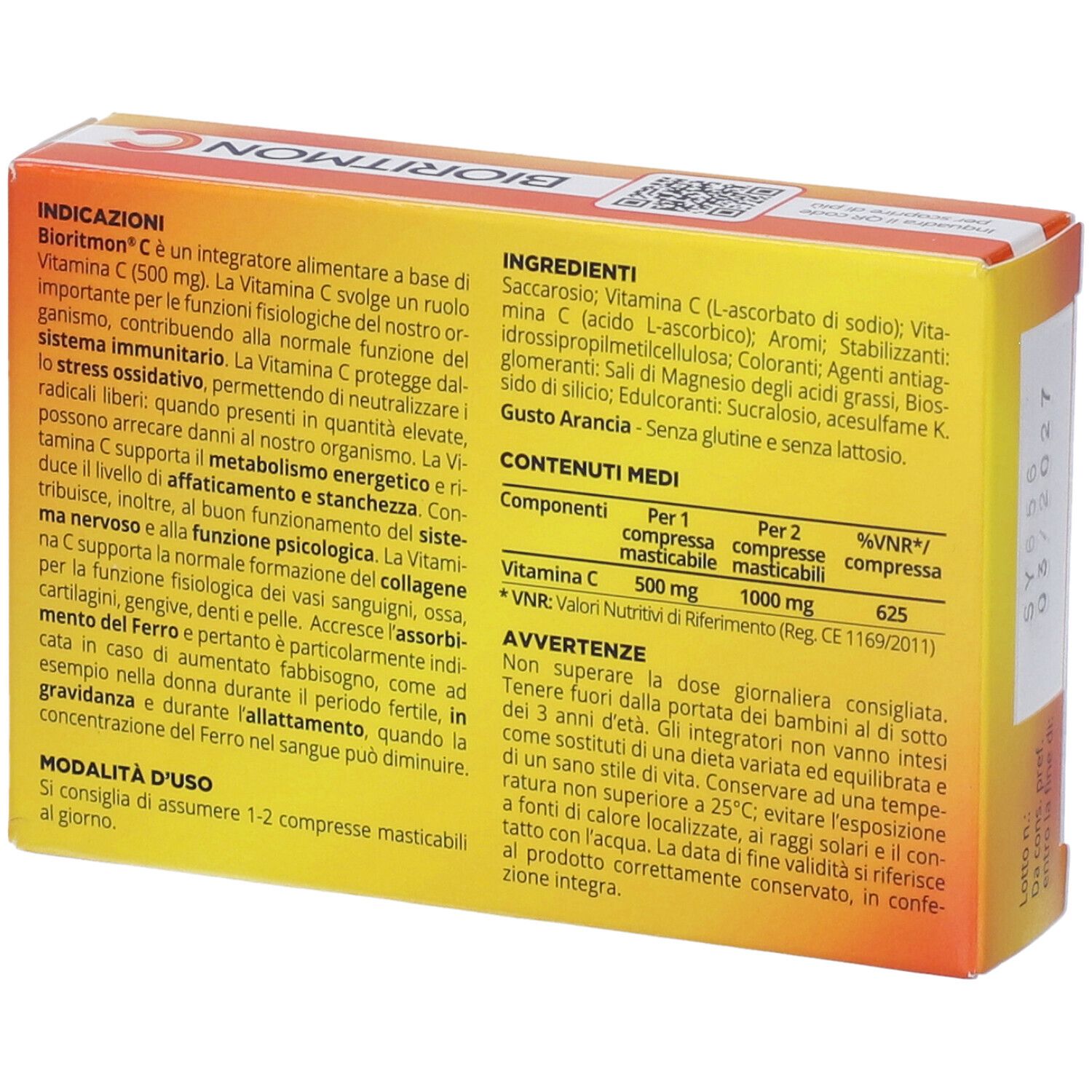 Retro della confezione di Bioritmon C. Testo con ingredienti, informazioni nutrizionali e istruzioni. Sfondo arancione.