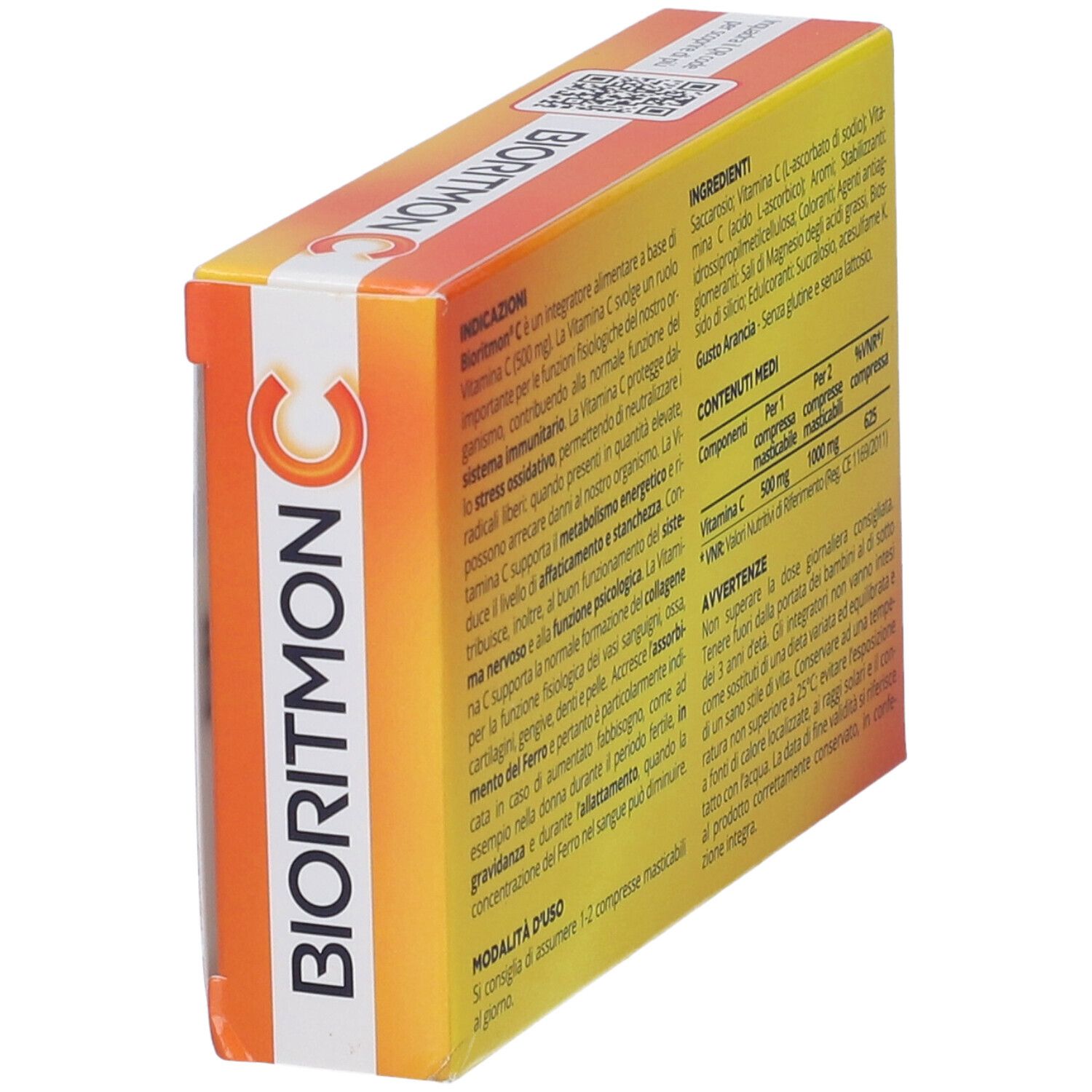 Confezione di Bioritmon C in diagonale. Retro con testo sugli ingredienti e l'uso. Design arancione.