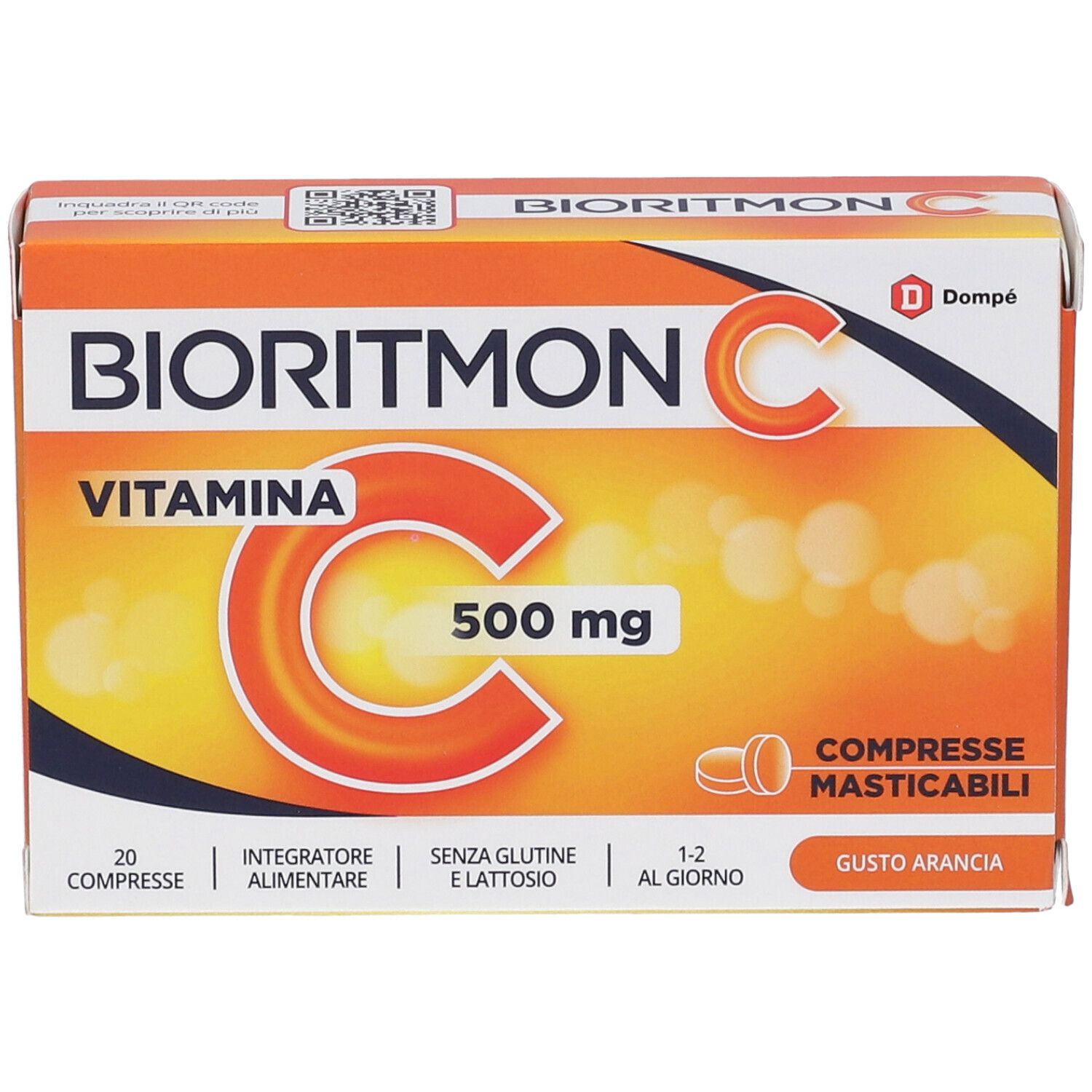 Confezione di Bioritmon C. Scatola arancione con nome del prodotto, vitamina C 500 mg e logo. 20 compresse masticabili.