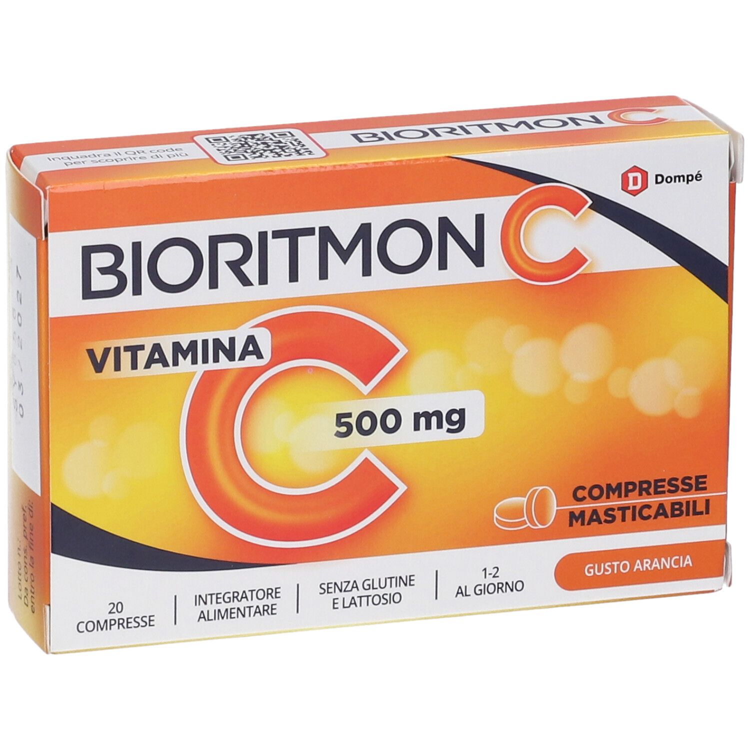 Confezione di Bioritmon C. Scatola arancione con nome del prodotto, vitamina C 500 mg e logo. 20 compresse masticabili.