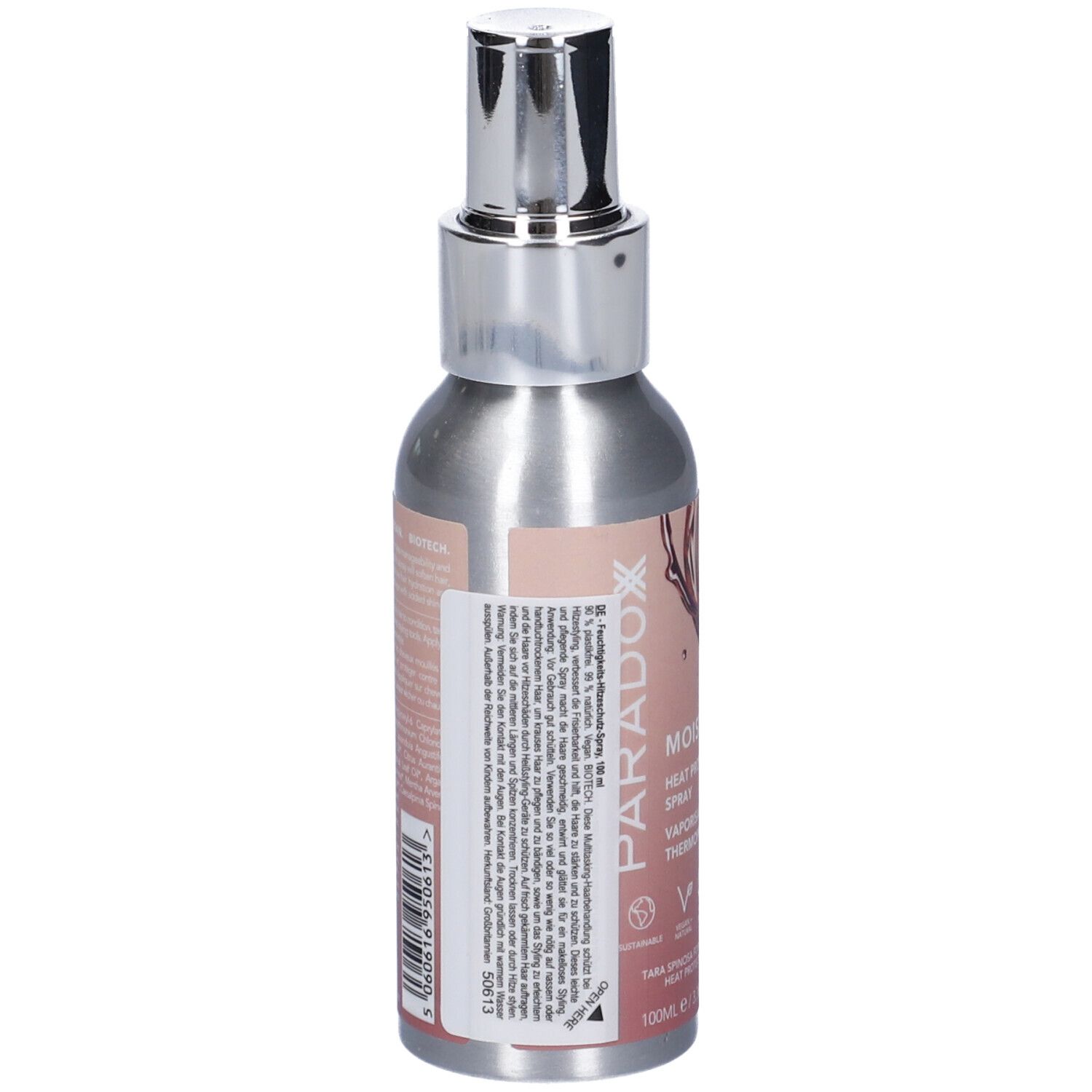 Retro del flacone spray. Testo con ingredienti e avvertenze. Sigillo vegano.