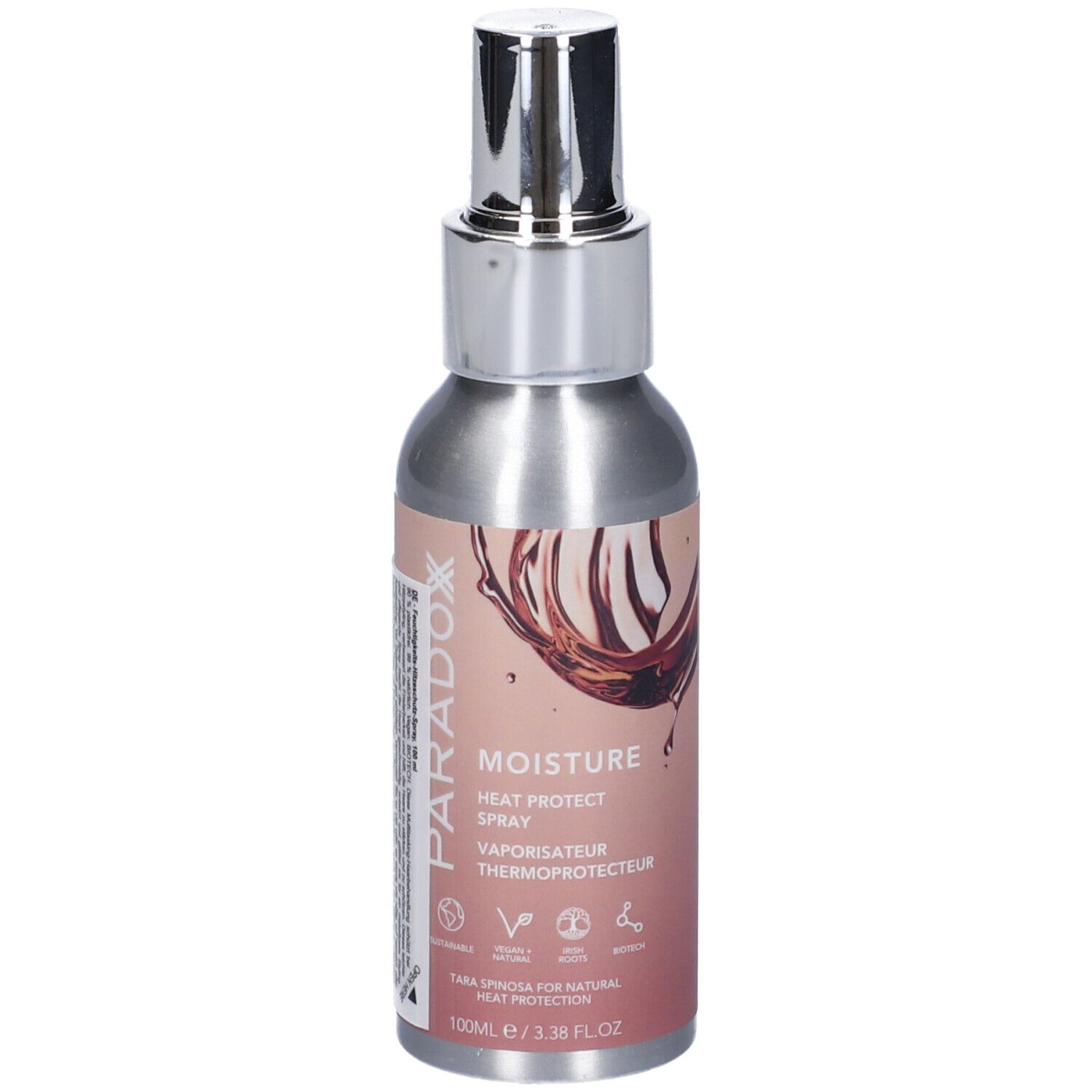 Spray protettivo termico in flacone argentato. Scritta: Moisture Heat Protect Spray. Sigillo vegano.