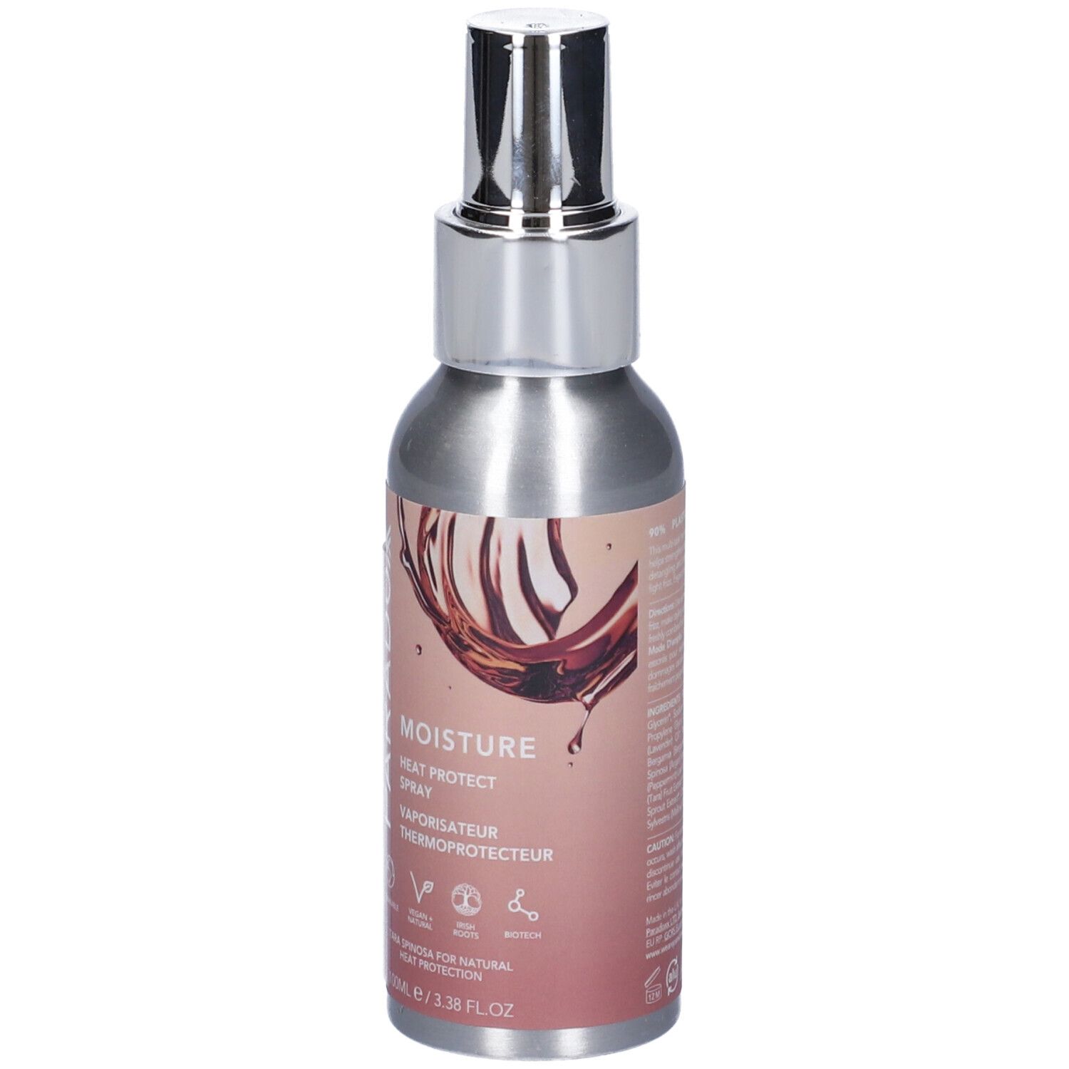 Spray protettivo termico in flacone argentato. Scritta: Moisture Heat Protect Spray. Sigillo vegano.