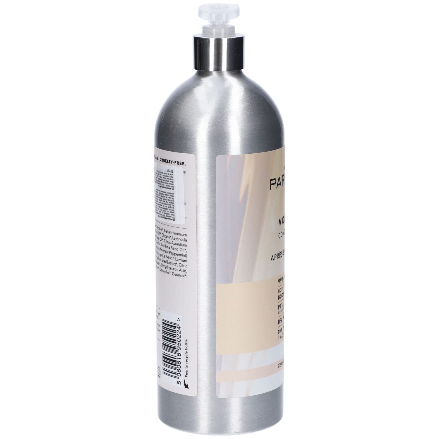 Flacone argento con dosatore. Etichetta con ingredienti e informazioni. Cruelty-free.