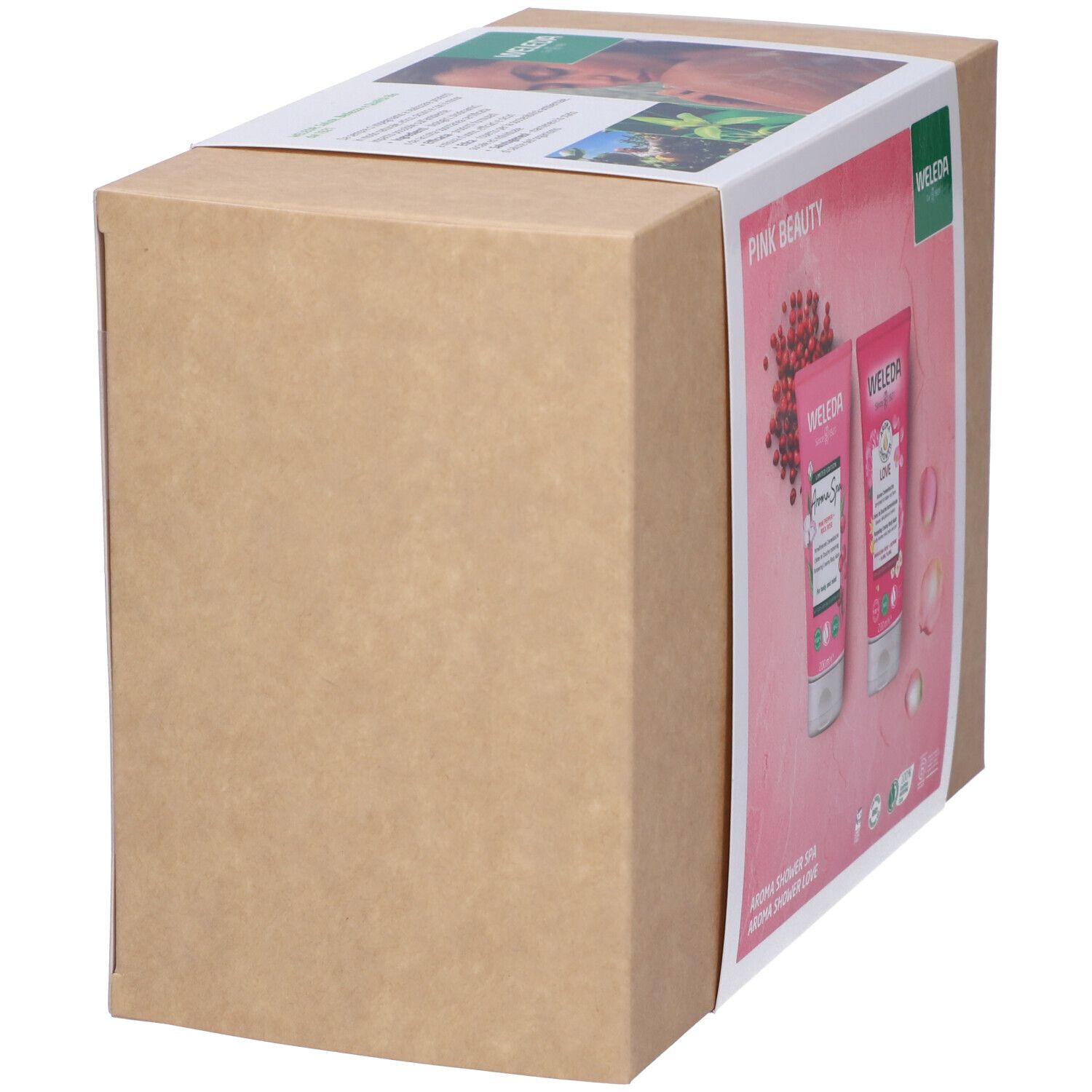 Confezione in cartone con immagine del prodotto e logo Weleda. Tubetti di gel doccia rosa sulla confezione. Vista laterale.