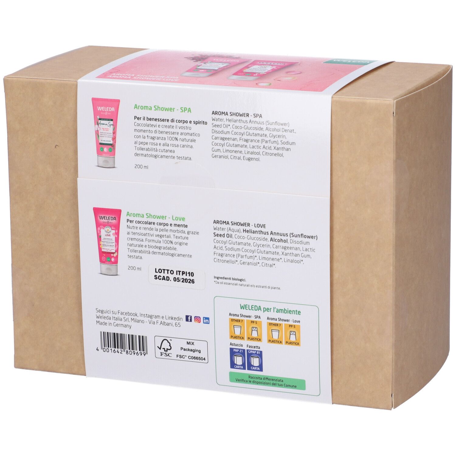 Retro della confezione regalo con informazioni sul prodotto e ingredienti. Logo Weleda e nomi dei prodotti. Imballaggio in cartone.