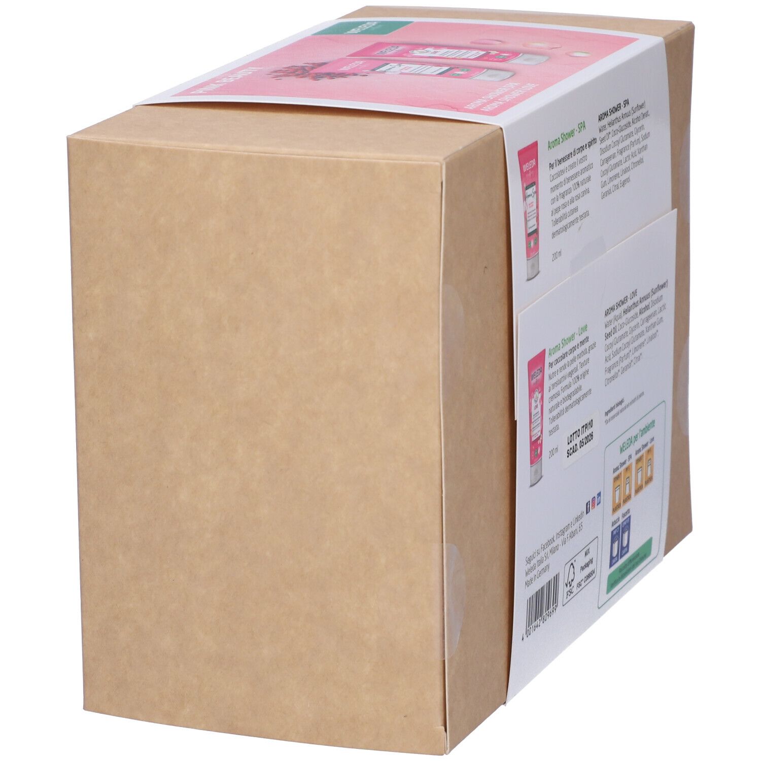 Confezione in cartone con informazioni sul prodotto e logo Weleda. Vista laterale. Tubetti di gel doccia rosa sulla confezione.