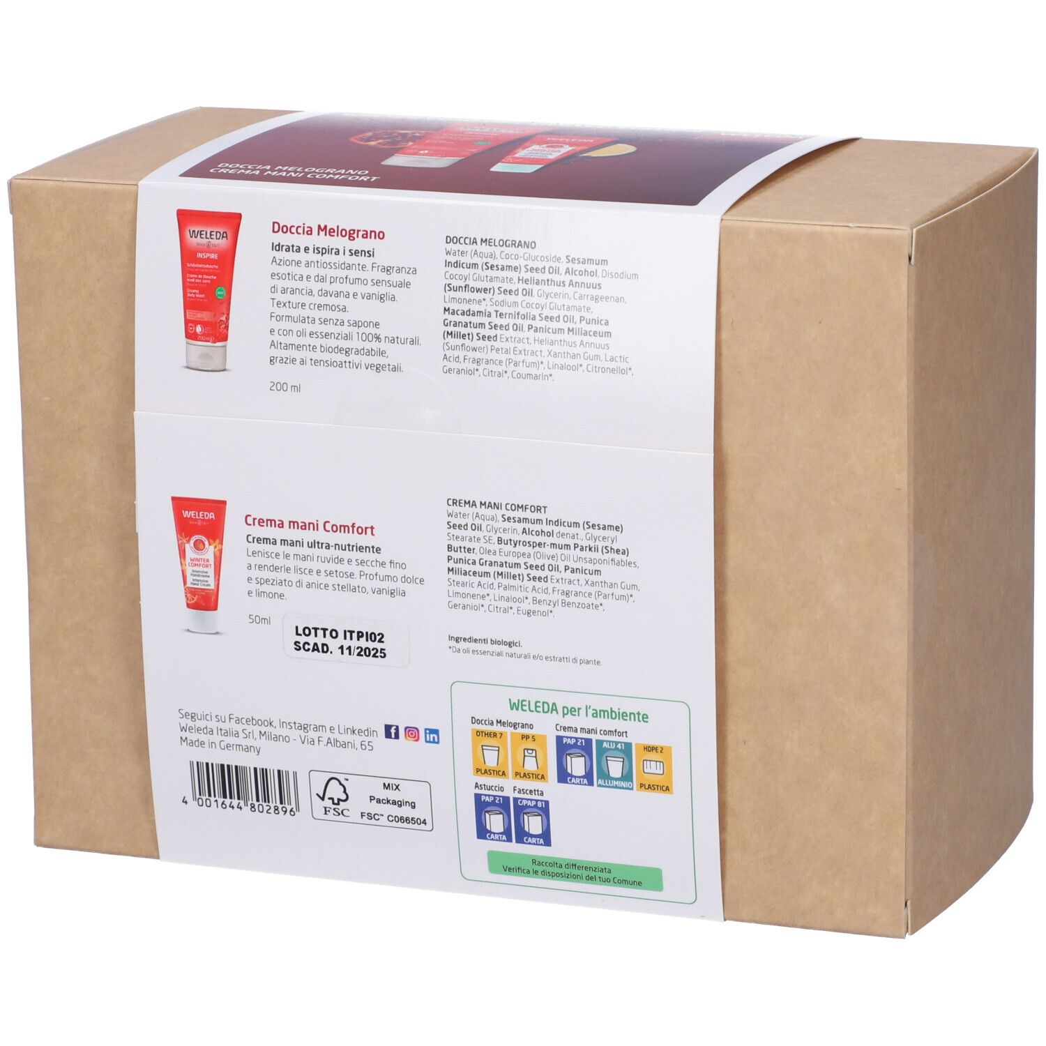 Retro della confezione regalo. Contiene informazioni sul prodotto e ingredienti. Scritta: Weleda, Doccia Melograno, Crema Mani Comfort.