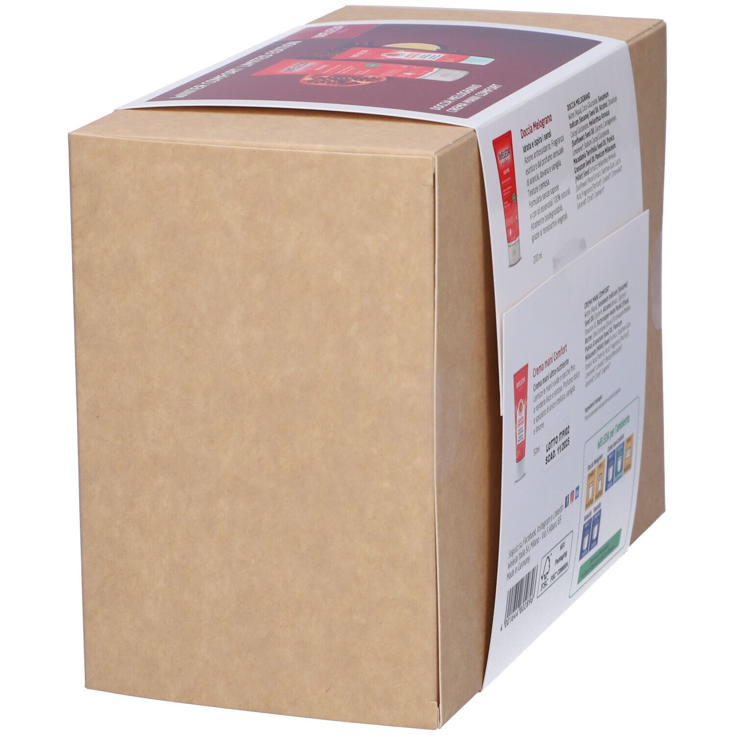 Vista laterale della confezione regalo. Cartone con informazioni sul prodotto. Scritta: Weleda.