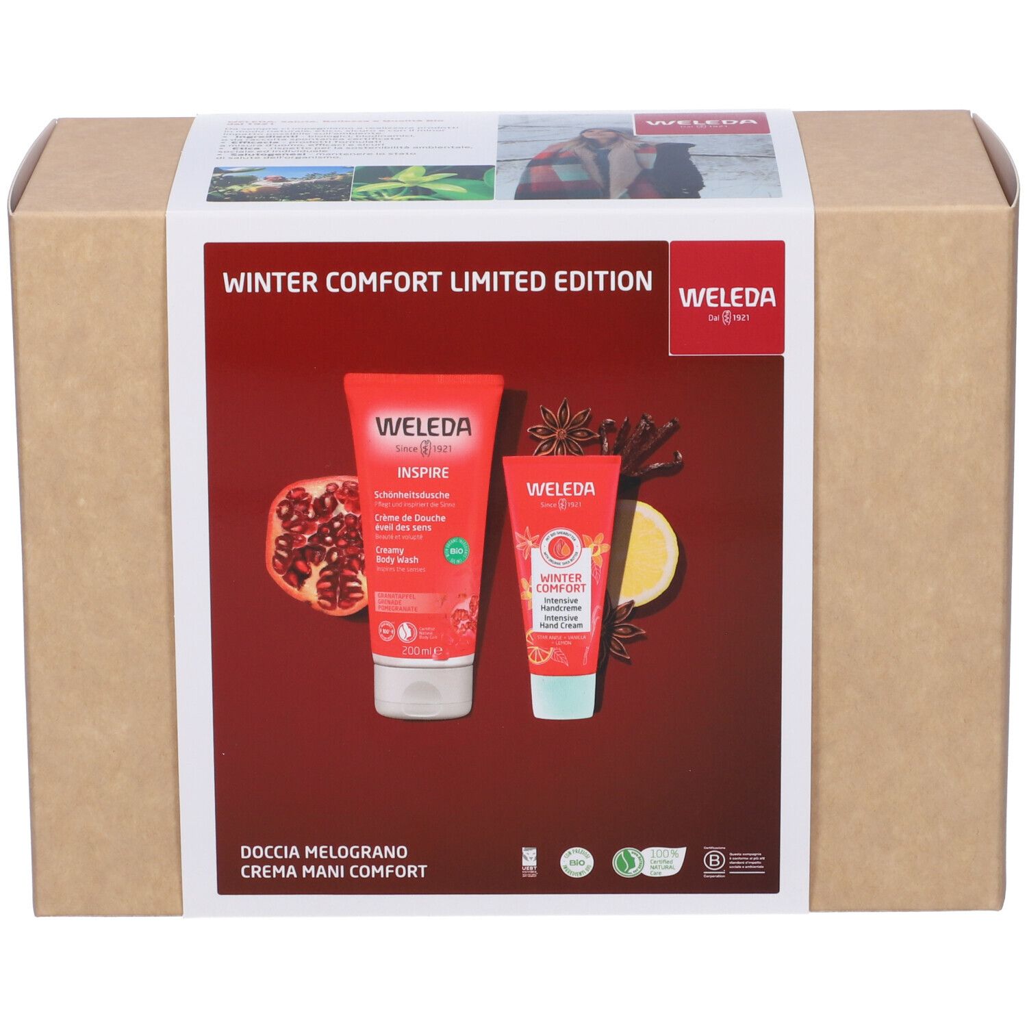 Confezione regalo in cartone. Contiene due tubi e un'immagine di melograno. Scritta: Winter Comfort Limited Edition, Weleda.