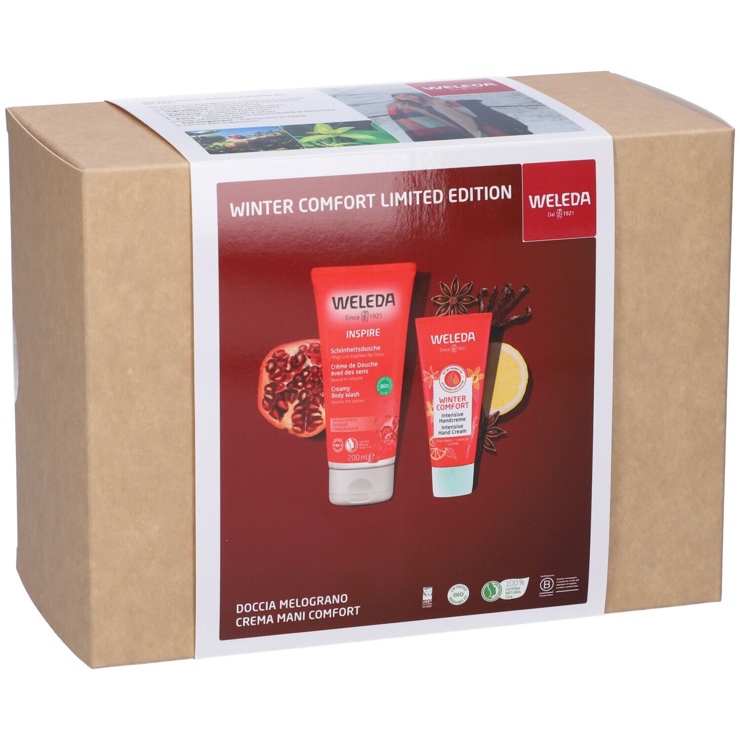 Confezione regalo in cartone. Contiene due tubi e un'immagine di melograno. Scritta: Winter Comfort Limited Edition, Weleda.