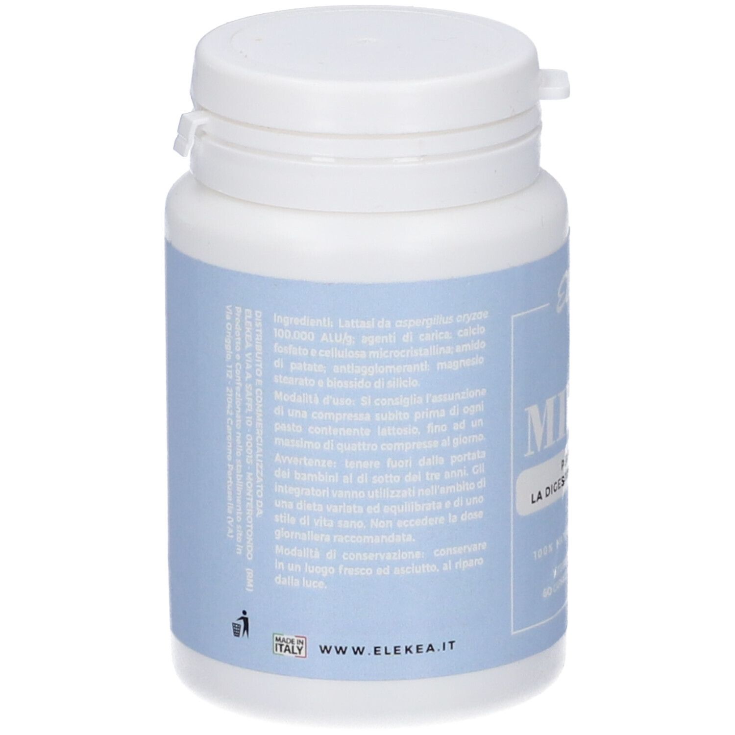 Retro di un flacone bianco con etichetta blu. Testo in italiano. Informazioni sul produttore e ingredienti.