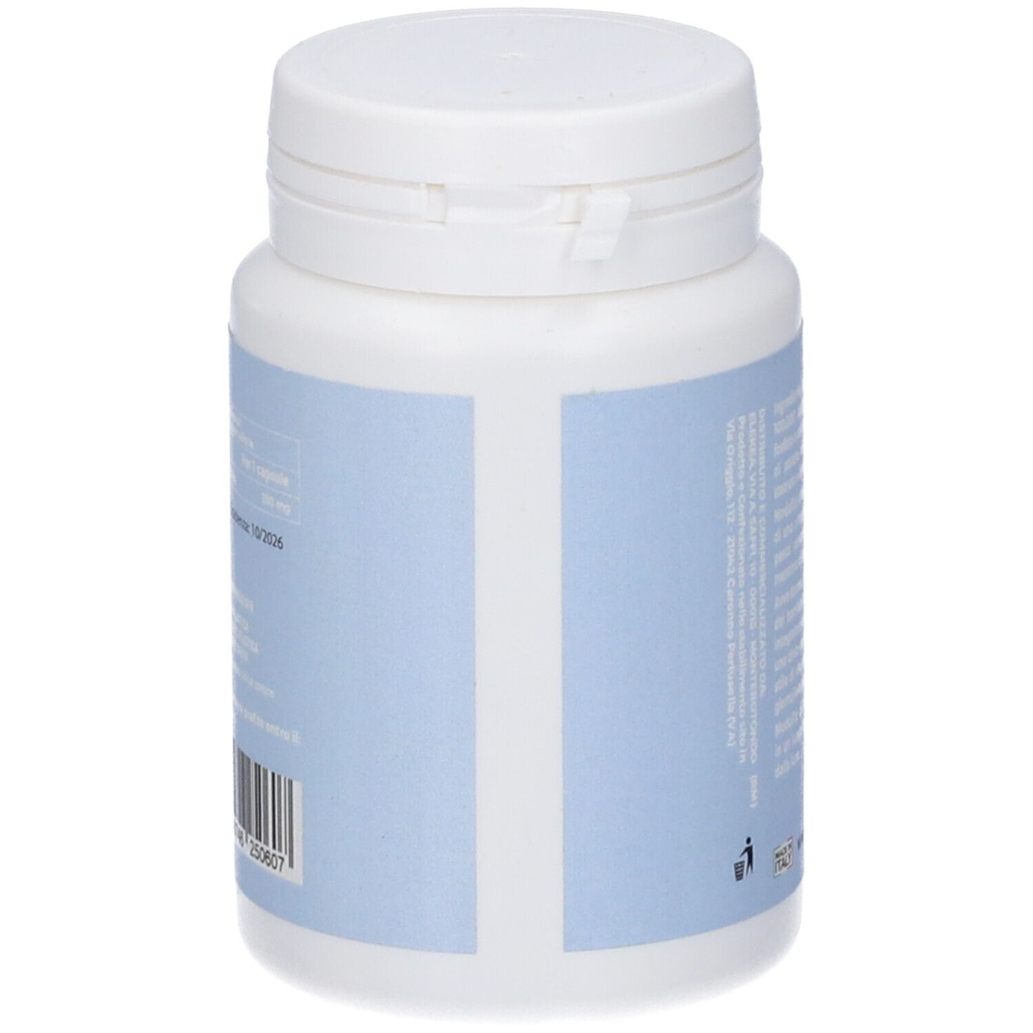 Flacone bianco con etichetta blu. Testo in italiano. Codice a barre e numero di lotto.