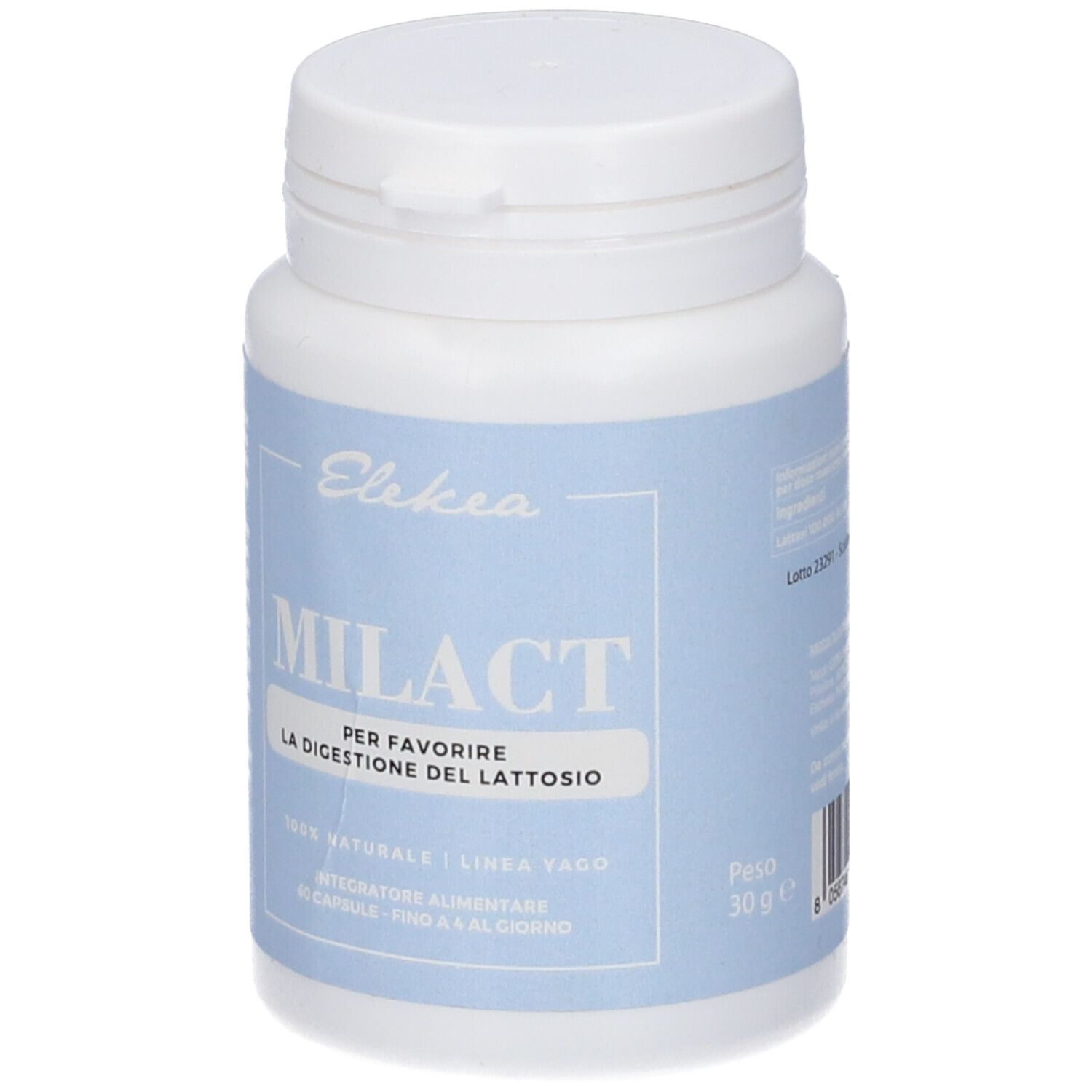 Flacone bianco con etichetta blu. Scritta: MILACT, Elekea. Contiene 30g. Testo in italiano.