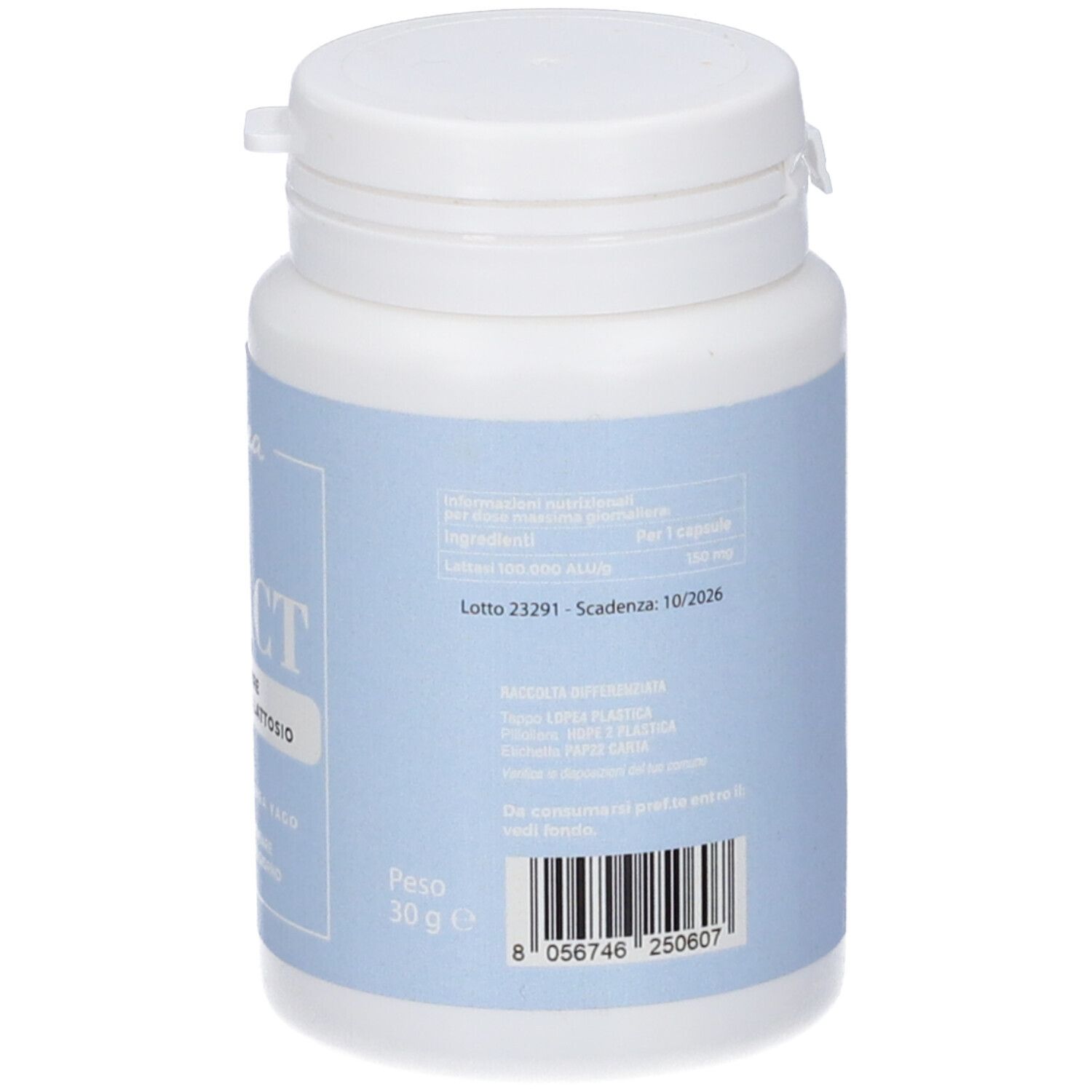 Retro di un flacone bianco con etichetta blu. Testo in italiano. Ingredienti e data di scadenza.