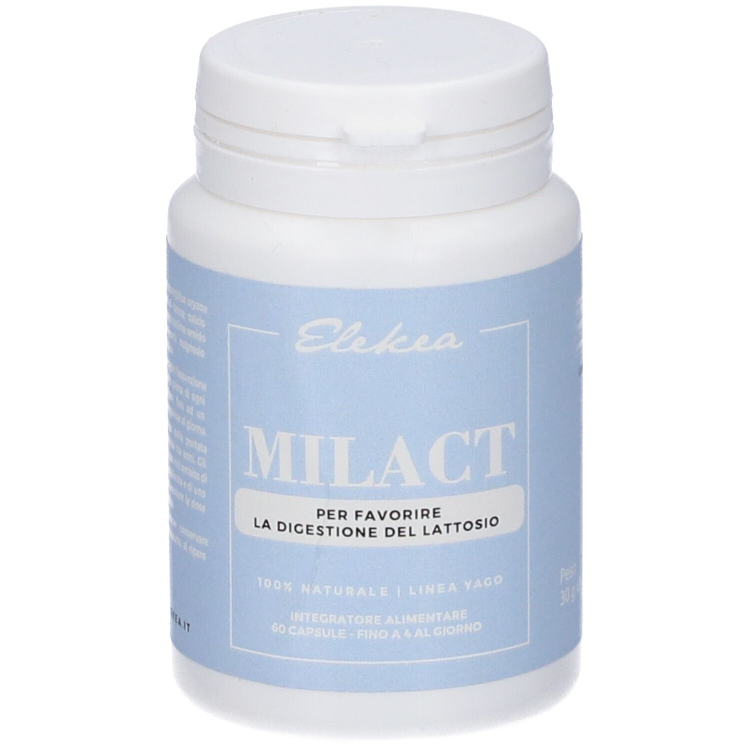 Flacone bianco con etichetta blu. Scritta: MILACT, Elekea. Contiene 60 capsule. Testo in italiano.