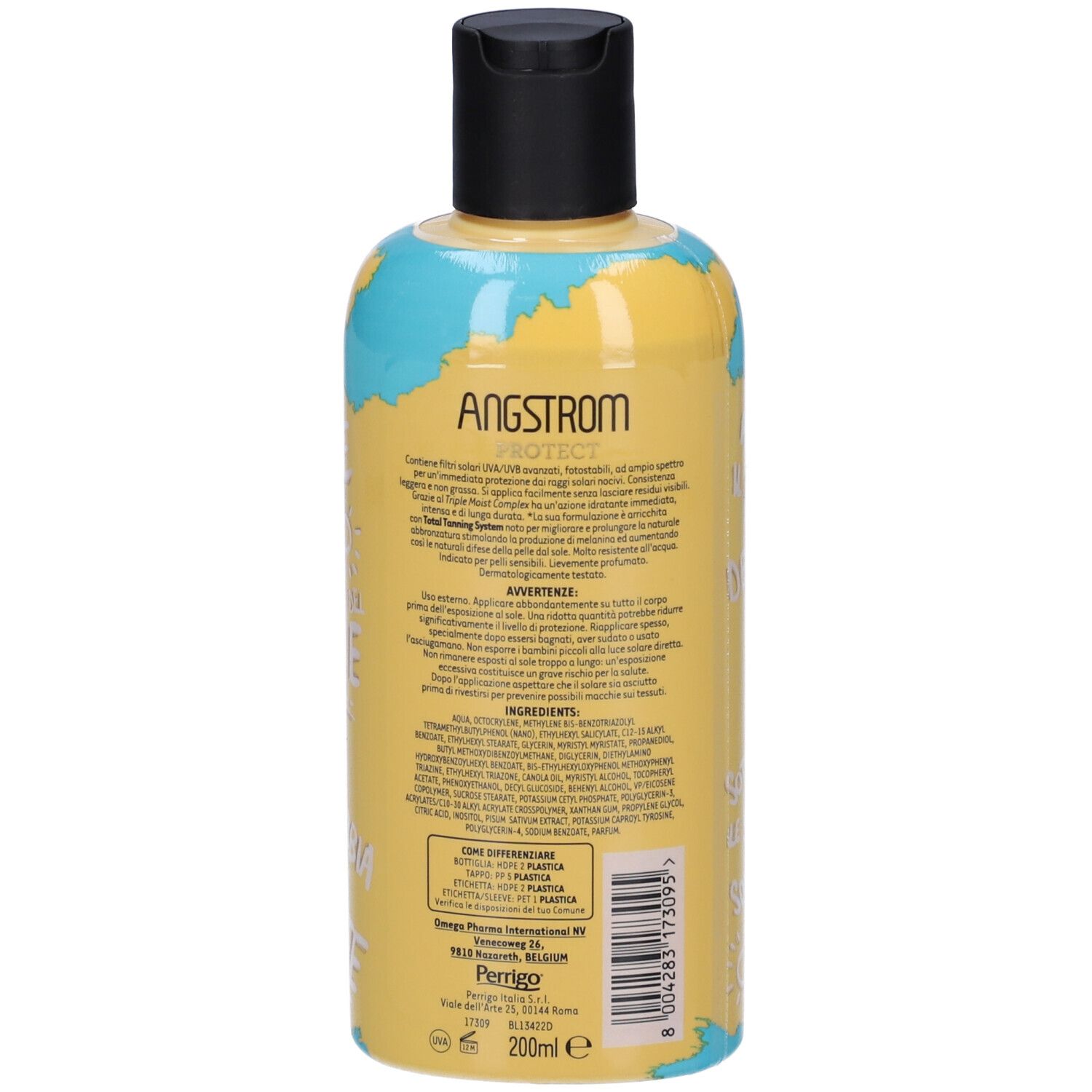 Retro del flacone giallo con tappo nero. Testo: Angstrom Protect, ingredienti, 200ml e. Scritta blu e bianca.