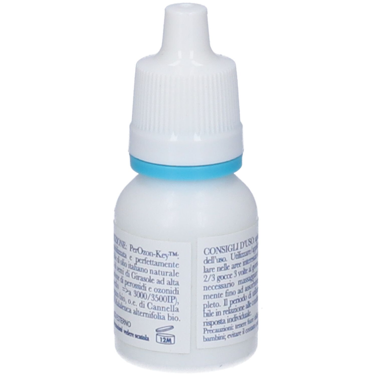Flacone bianco con contagocce. Scritta: Vayro Ozon-Pro. Anello blu. Testo: 10 ml. Ingredienti e istruzioni per l'uso.