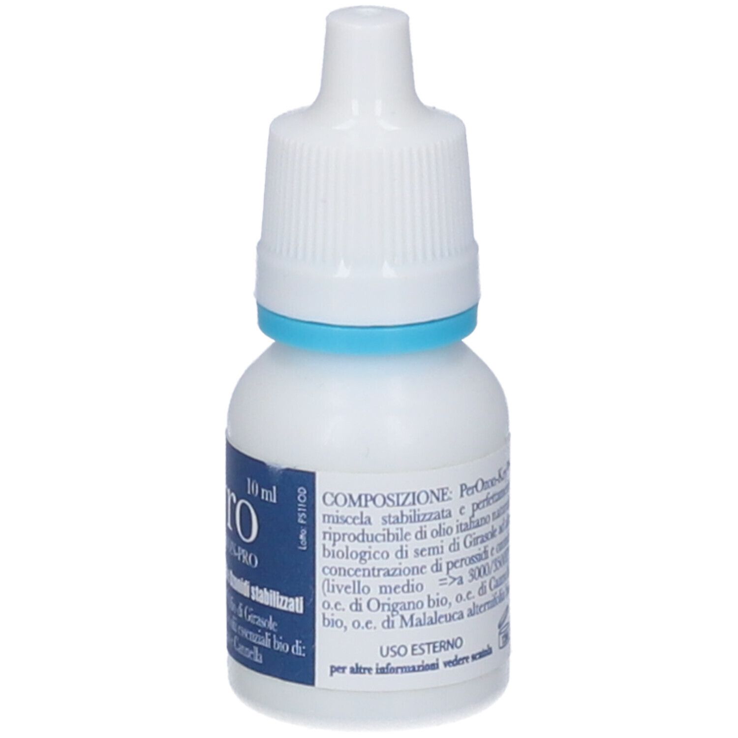 Flacone bianco con contagocce. Scritta: Vayro Ozon-Pro. Anello blu. Testo: 10 ml. Ingredienti.