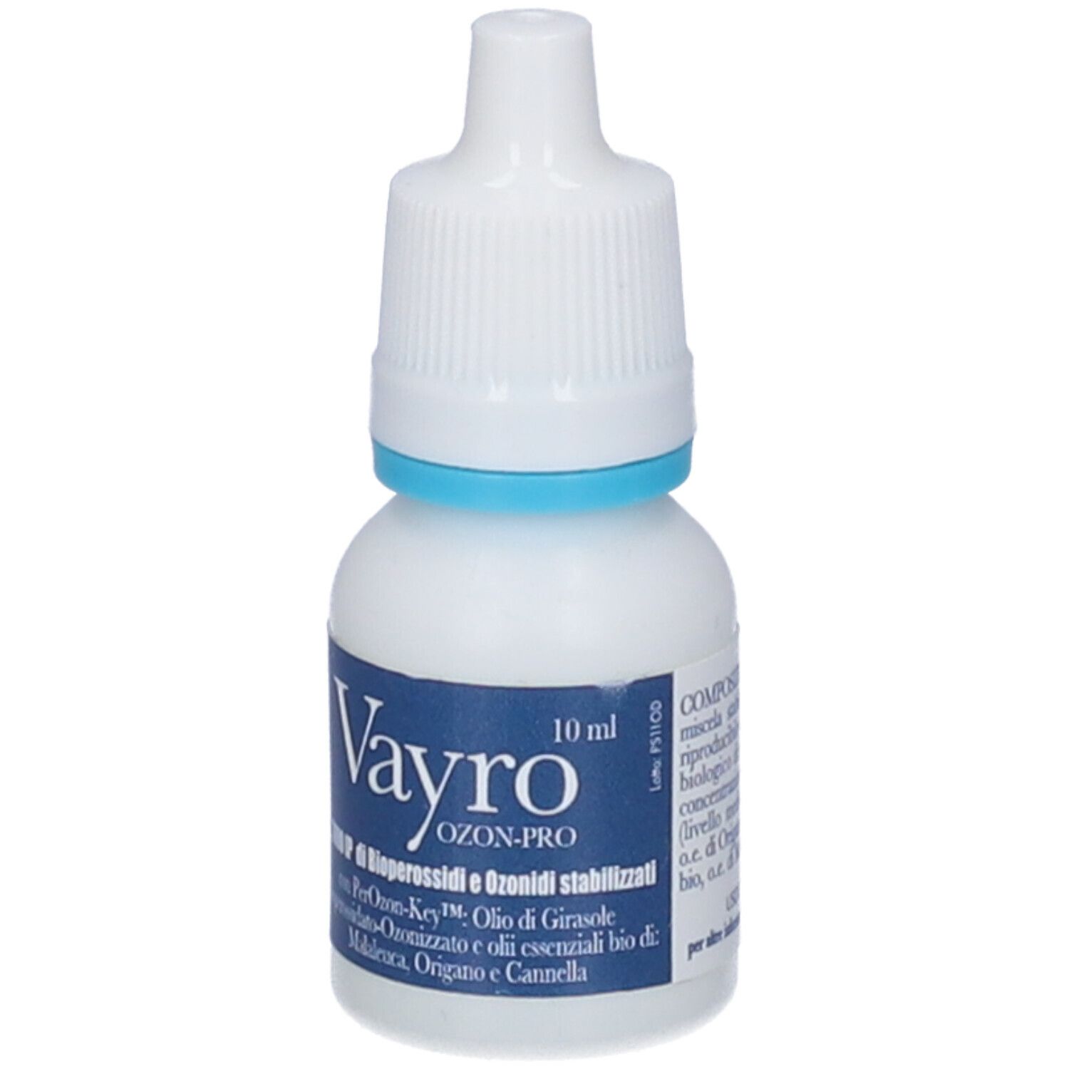 Flacone bianco con contagocce. Scritta: Vayro Ozon-Pro. Anello blu. Testo: 10 ml. Ingredienti.