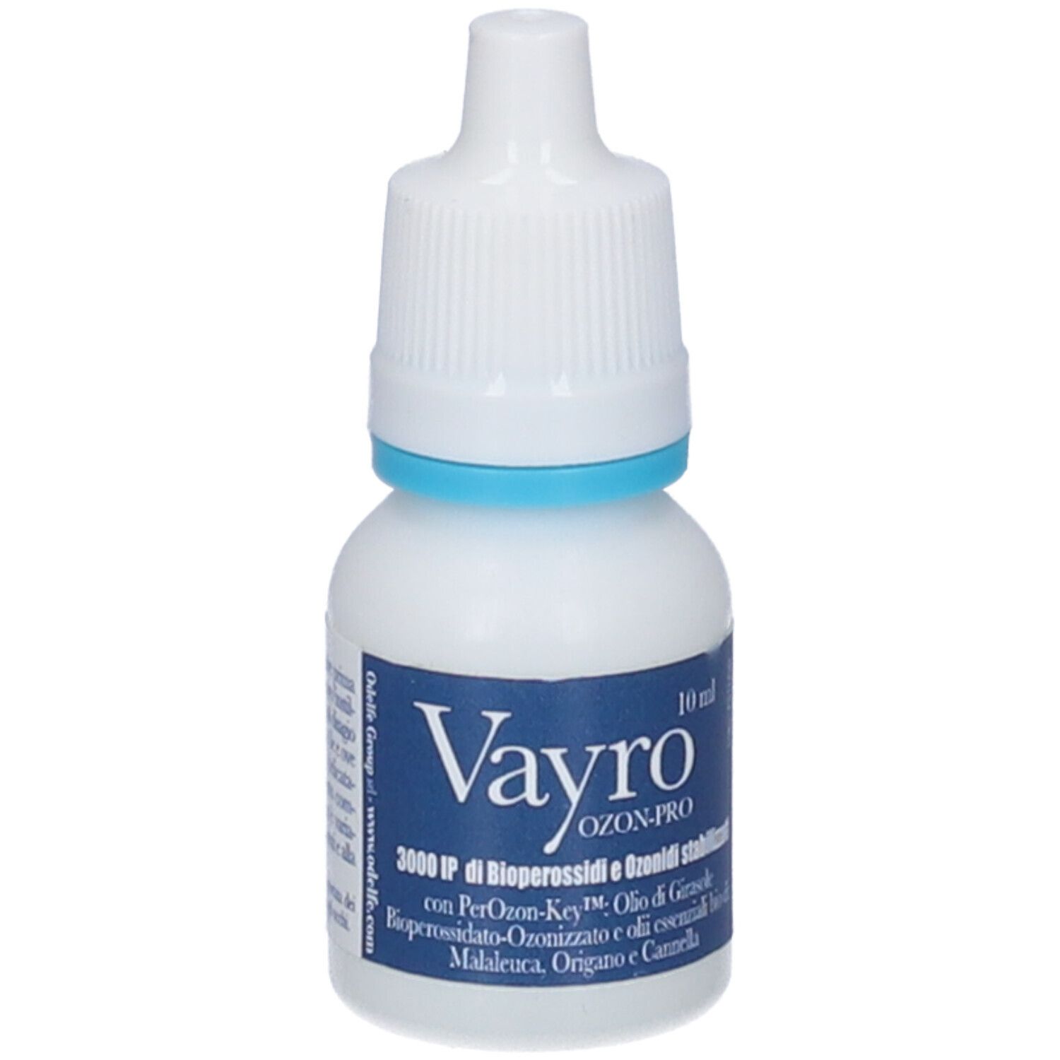 Flacone bianco con contagocce. Scritta: Vayro Ozon-Pro. Anello blu. Testo: 10 ml. Ingredienti.