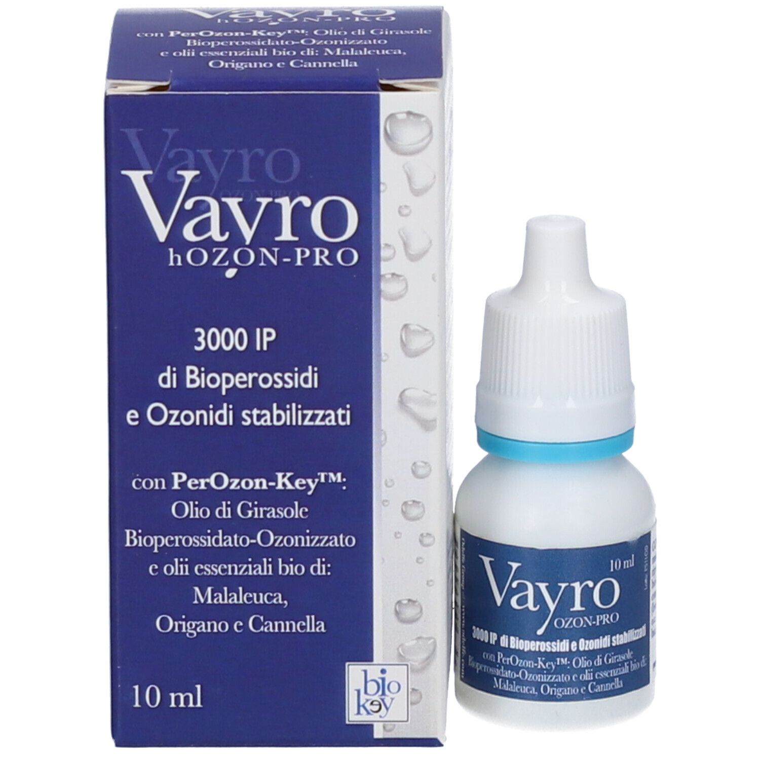 Confezione e flacone. Scritta: Vayro Hozon-Pro. Testo: 10 ml. Confezione blu. Logo Bio-Key.