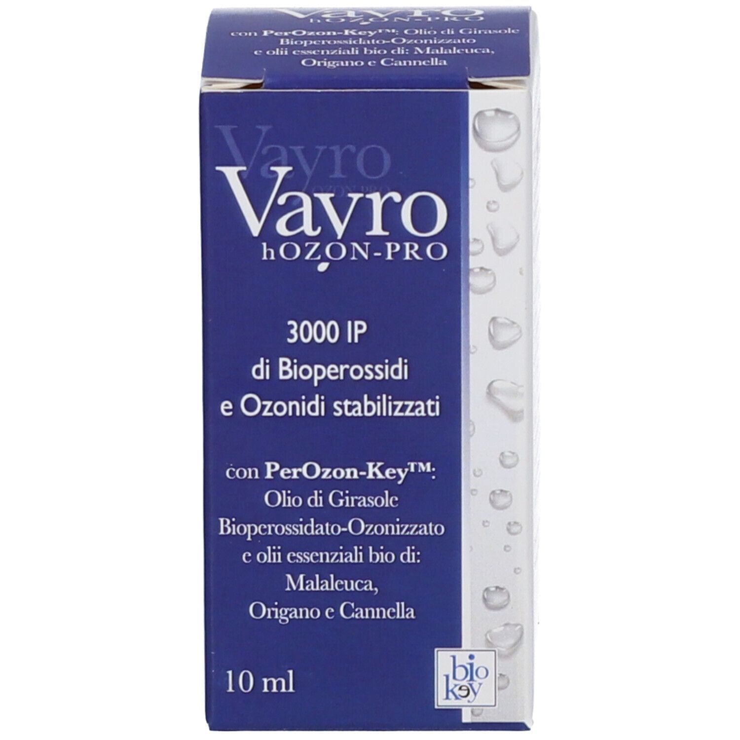 Confezione del prodotto. Scritta: Vayro Hozon-Pro. Testo: 10 ml. Confezione blu. Logo Bio-Key.