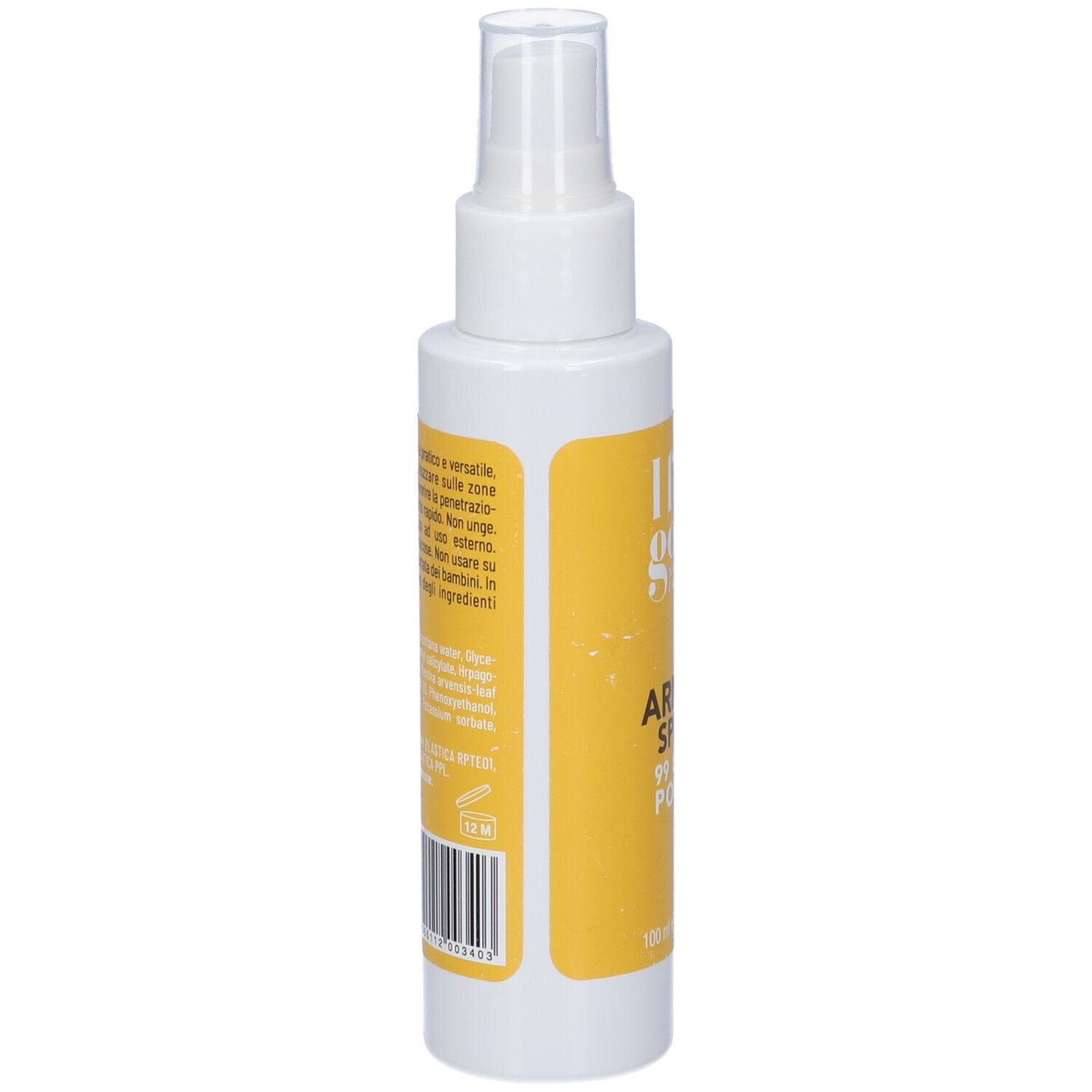 Flacone spray bianco con etichetta gialla. Testo in italiano. Codice a barre e testo sul retro.