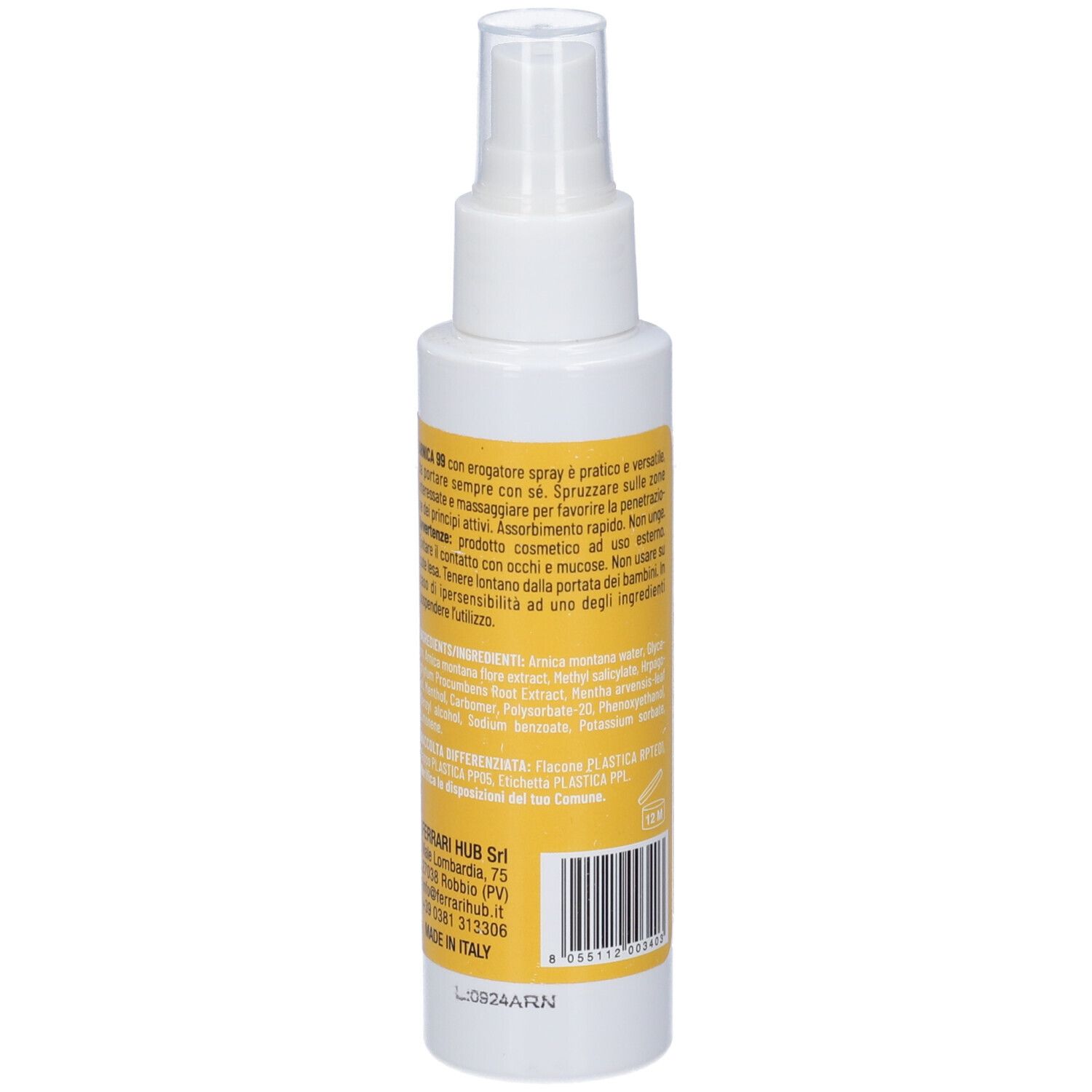 Flacone spray bianco con etichetta gialla. Testo in italiano. Elenco ingredienti e informazioni produttore.