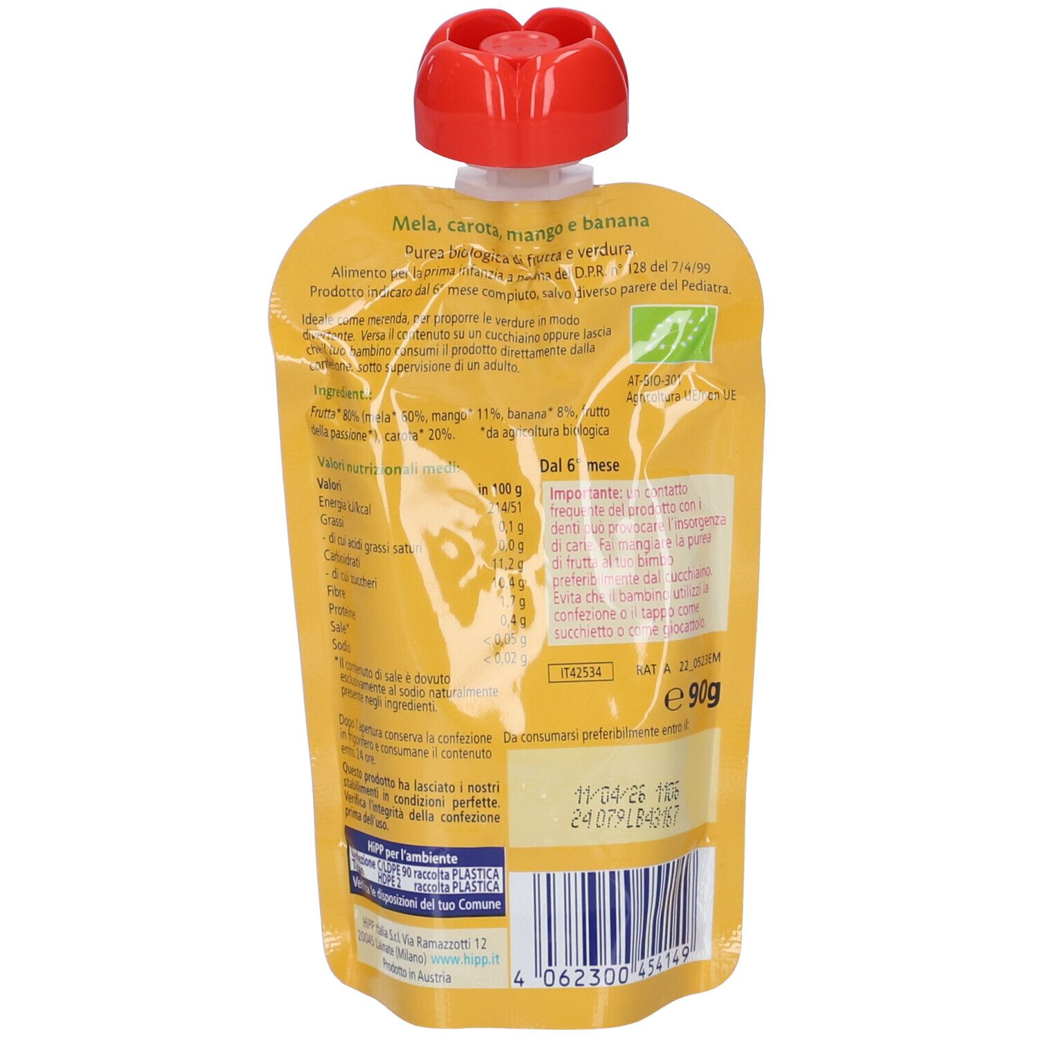 Retro della bustina. Scritte: ingredienti, valori nutrizionali, data di scadenza, marchio bio. Contenuto: 90g.