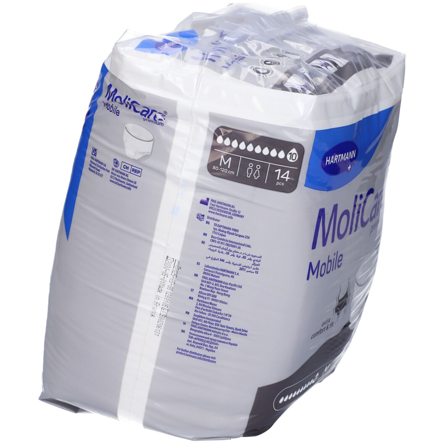 Confezione MoliCare Mobile Premium, taglia M, 14 pezzi. Logo Hartmann. Comfort e vestibilità extra. Protezione giorno e notte.