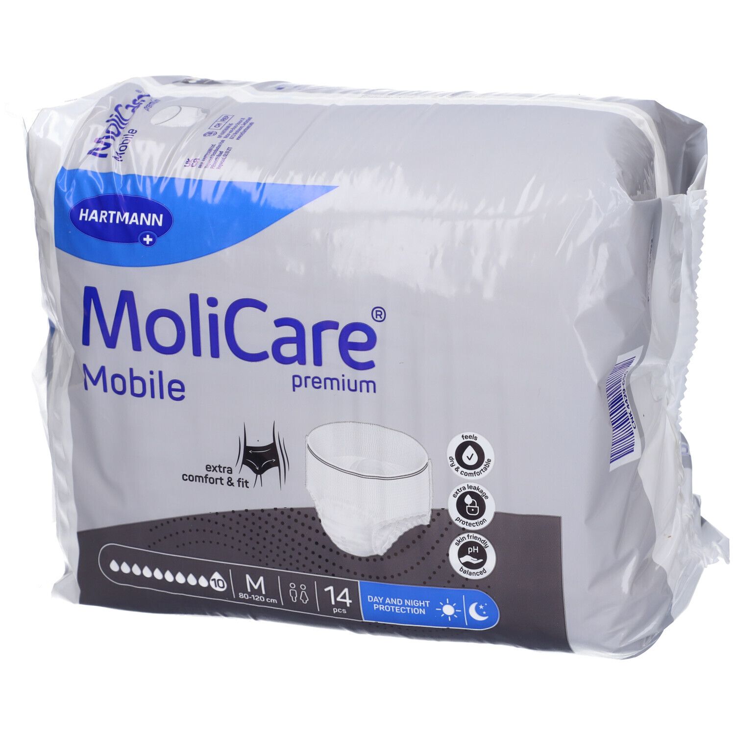 Confezione MoliCare Mobile Premium, taglia M, 14 pezzi. Logo Hartmann. Comfort e vestibilità extra. Protezione giorno e notte.