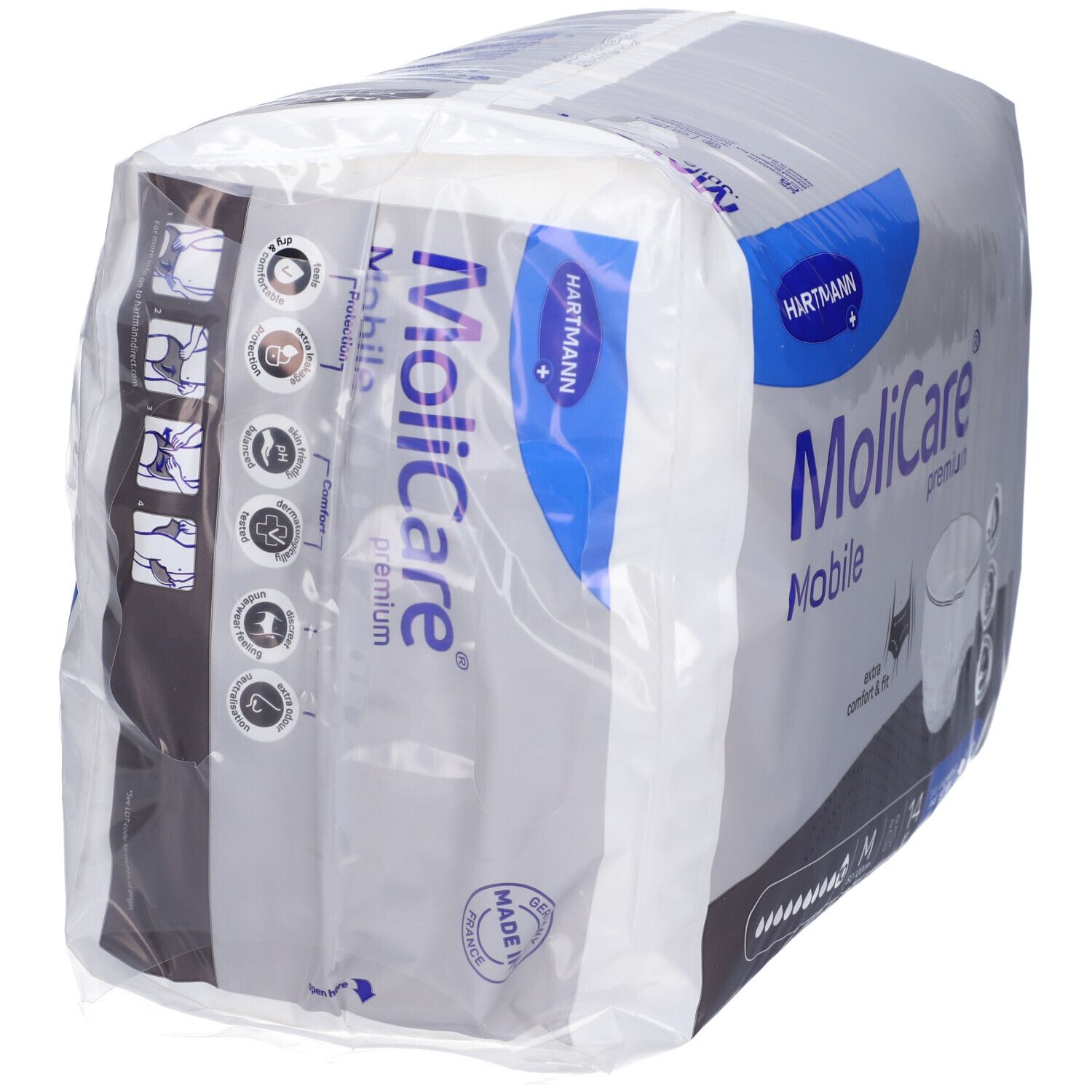 Confezione MoliCare Mobile Premium, taglia M, 14 pezzi. Logo Hartmann. Comfort e vestibilità extra. Protezione giorno e notte.