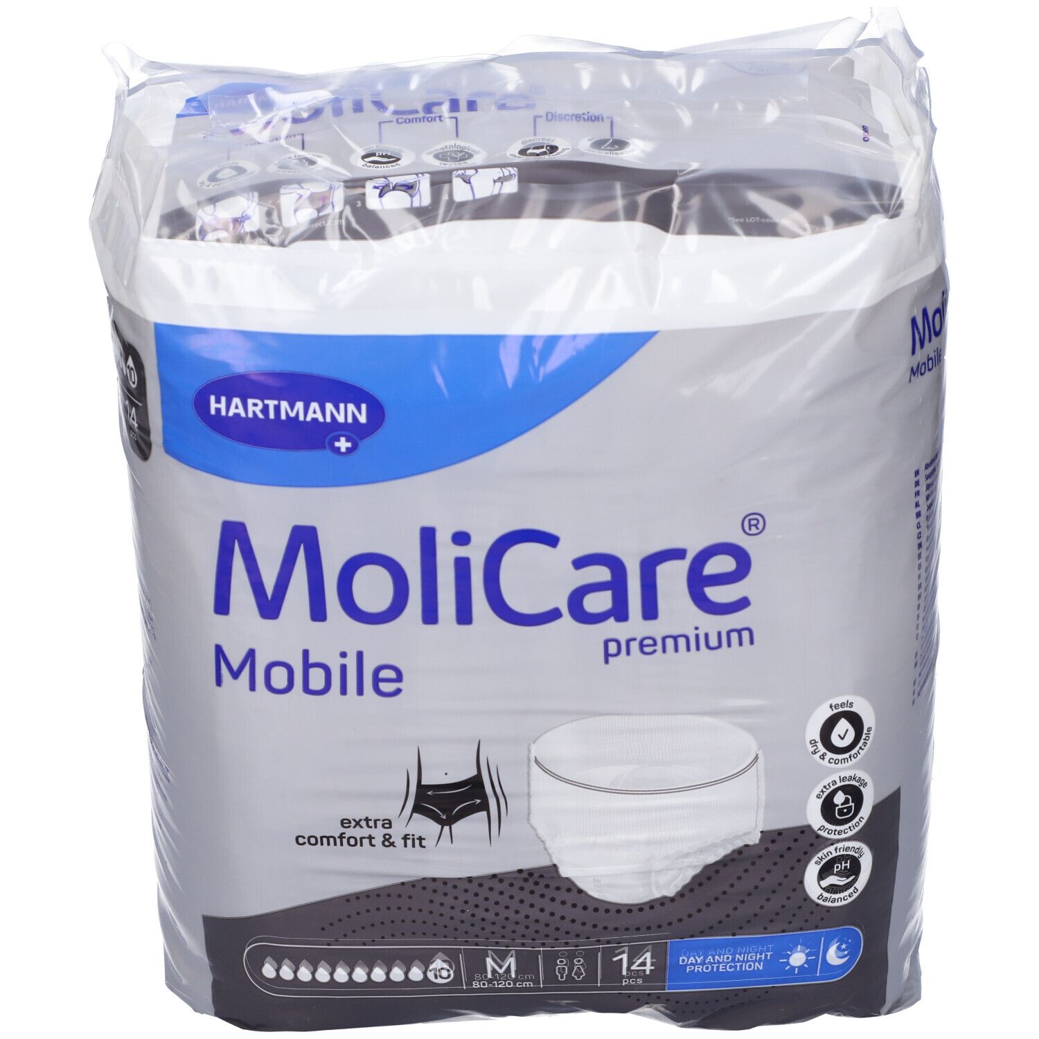 Confezione MoliCare Mobile Premium, taglia M, 14 pezzi. Logo Hartmann. Comfort e vestibilità extra. Protezione giorno e notte.