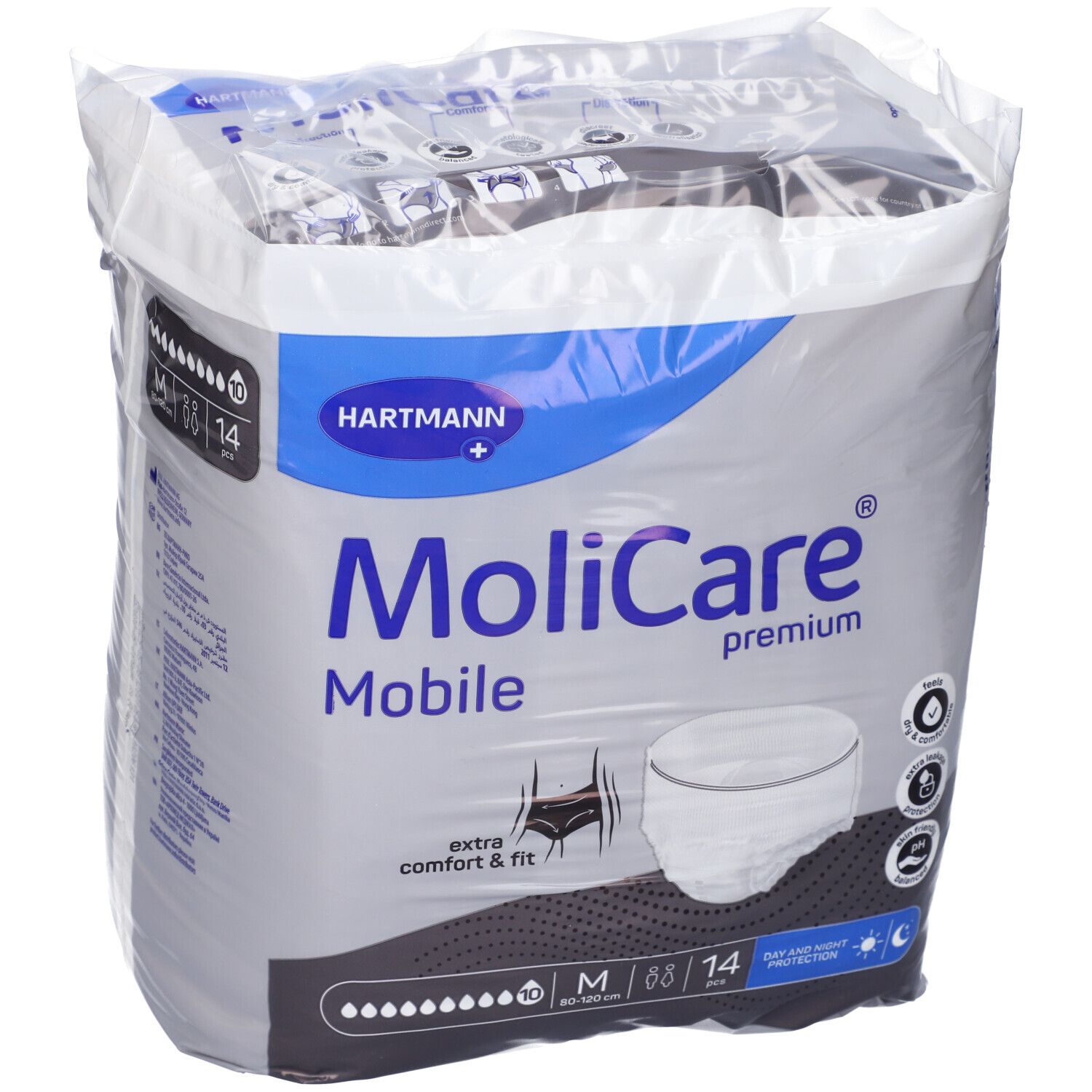 Confezione MoliCare Mobile Premium, taglia M, 14 pezzi. Logo Hartmann. Comfort e vestibilità extra. Protezione giorno e notte.