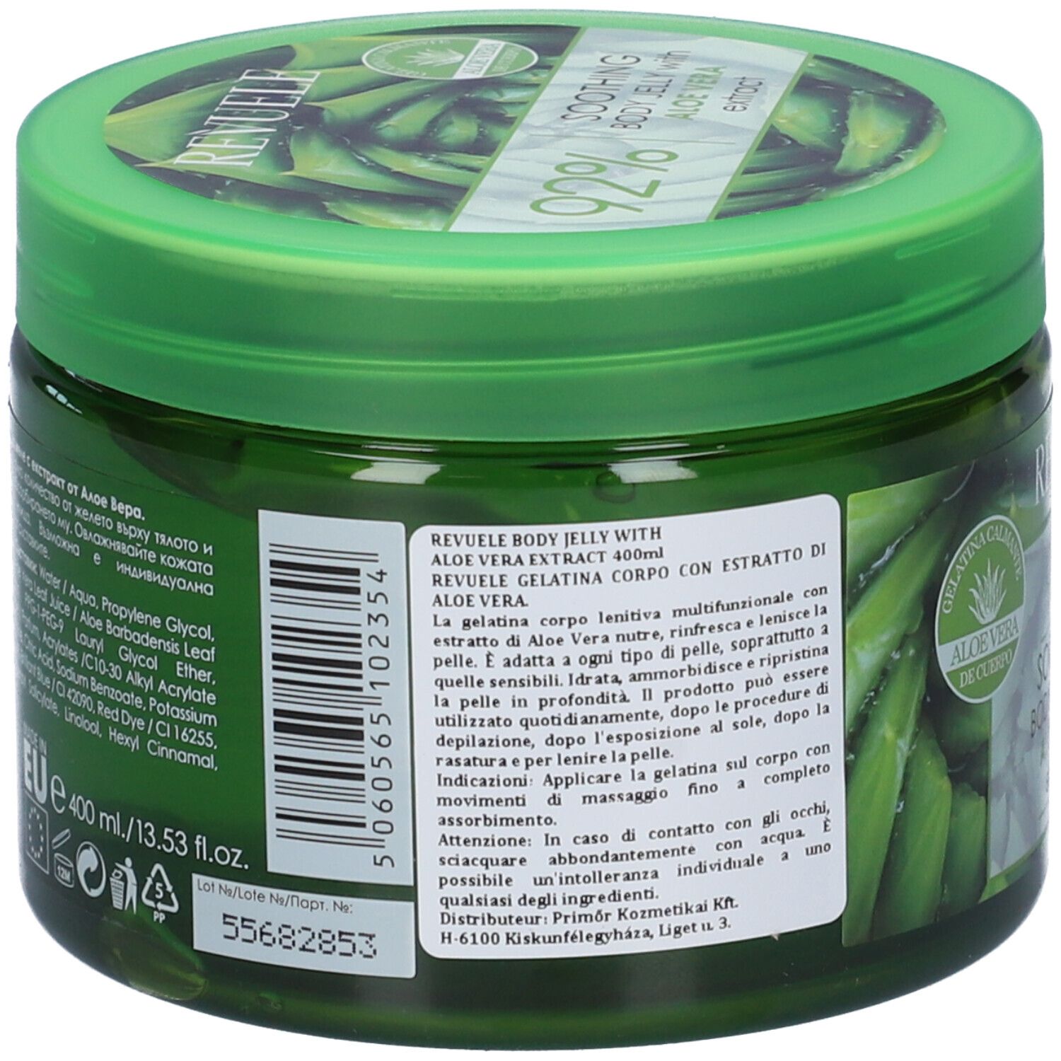 Retro del vasetto verde. Testo con ingredienti e informazioni del produttore. Codice a barre e indicazione del volume.