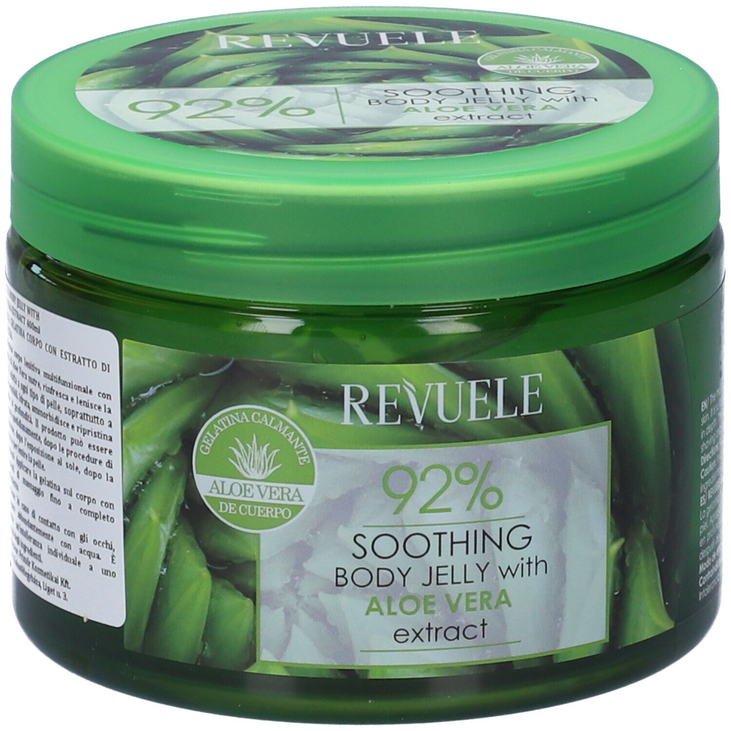 Vasetto verde con "Revuele" e "92% Soothing Body Jelly with Aloe Vera extract". Coperchio con motivo aloe vera.