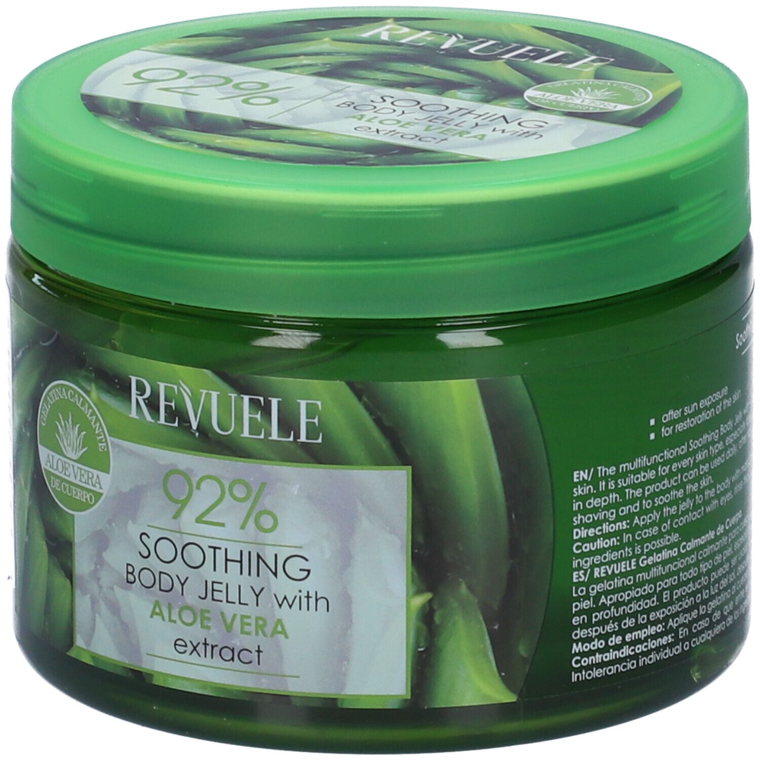 Vasetto verde con "Revuele" e "92% Soothing Body Jelly with Aloe Vera extract". Coperchio con motivo aloe vera.