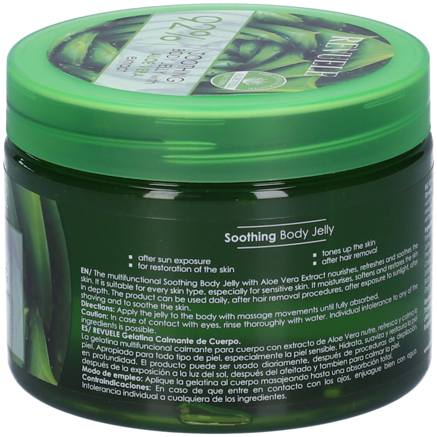 Vasetto verde con "Revuele" e "Soothing Body Jelly". Testo con istruzioni per l'uso. Coperchio con motivo aloe vera.