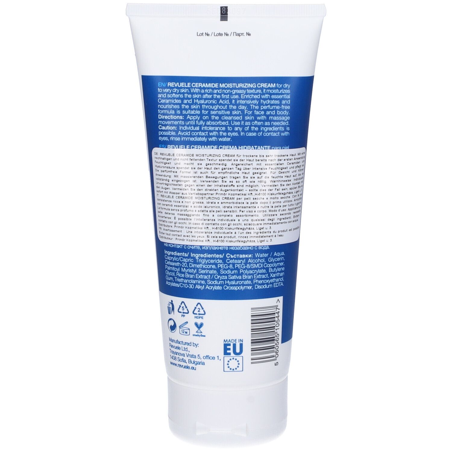 Retro del tubo di crema. Ingredienti e istruzioni. Logo di riciclaggio e marchio CE.