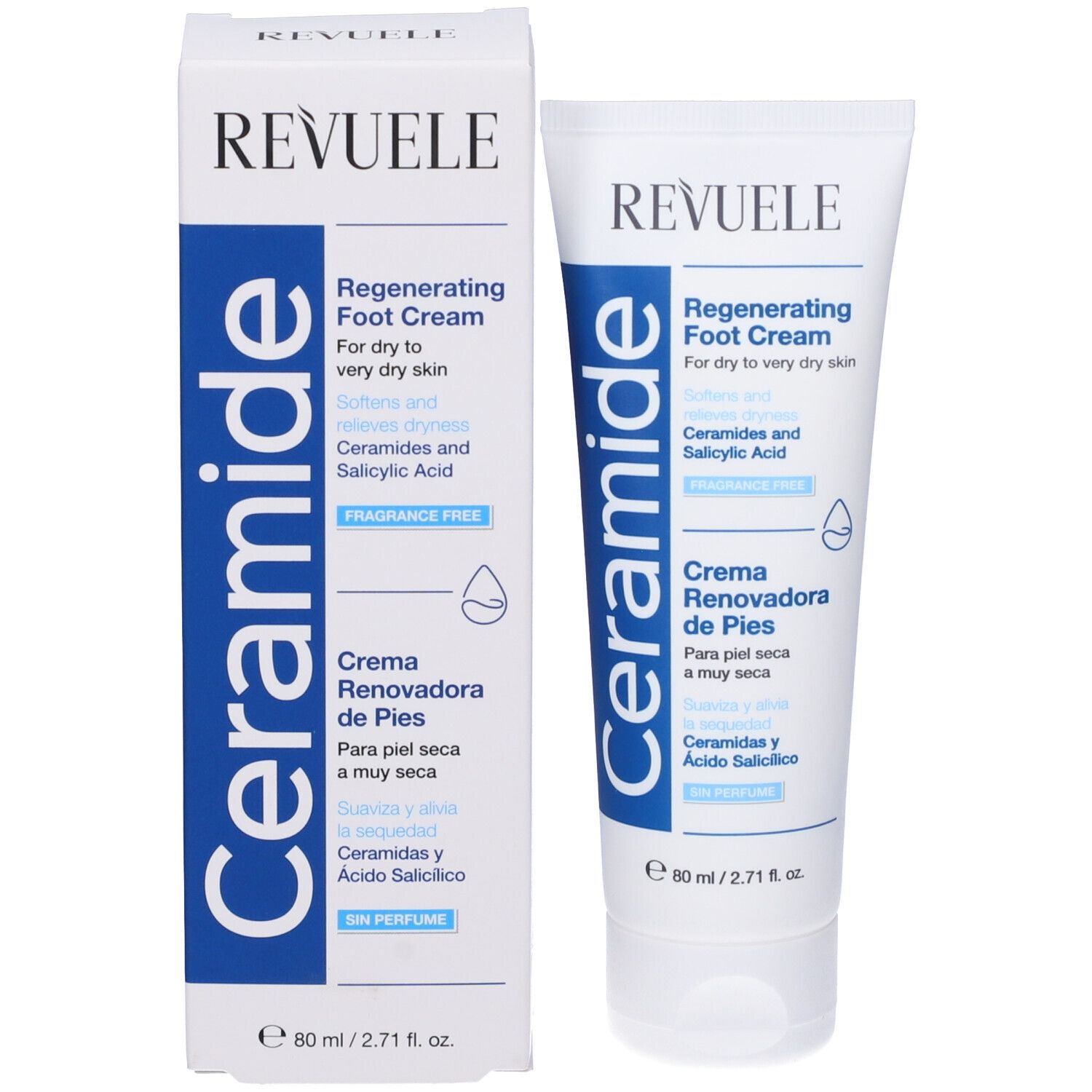 Confezione del prodotto con tubo e scatola. Entrambi mostrano Ceramide e informazioni. Contiene Regenerating Foot Cream.