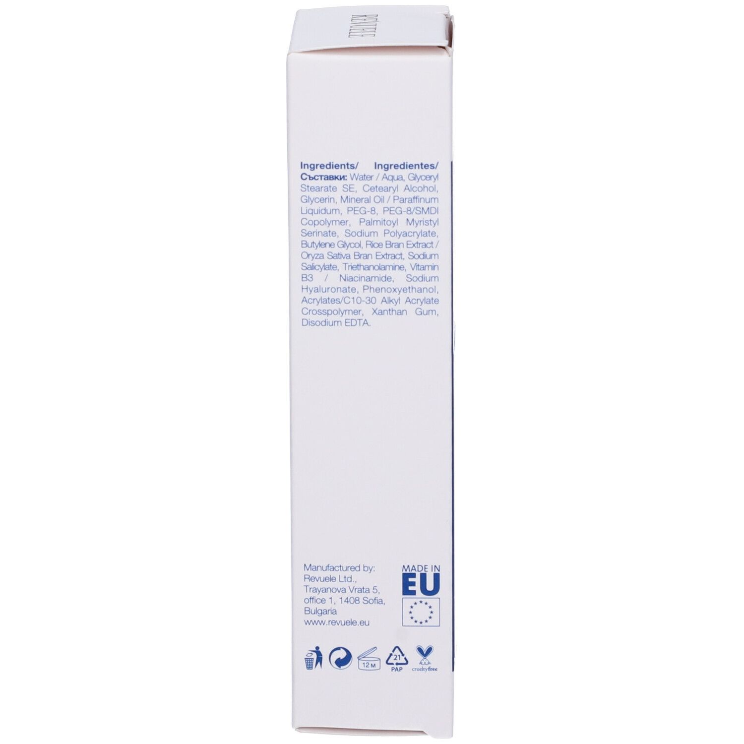 Lato della confezione del prodotto. Contiene ingredienti, informazioni sul produttore e il marchio UE. Contiene Regenerating Foot Cream.