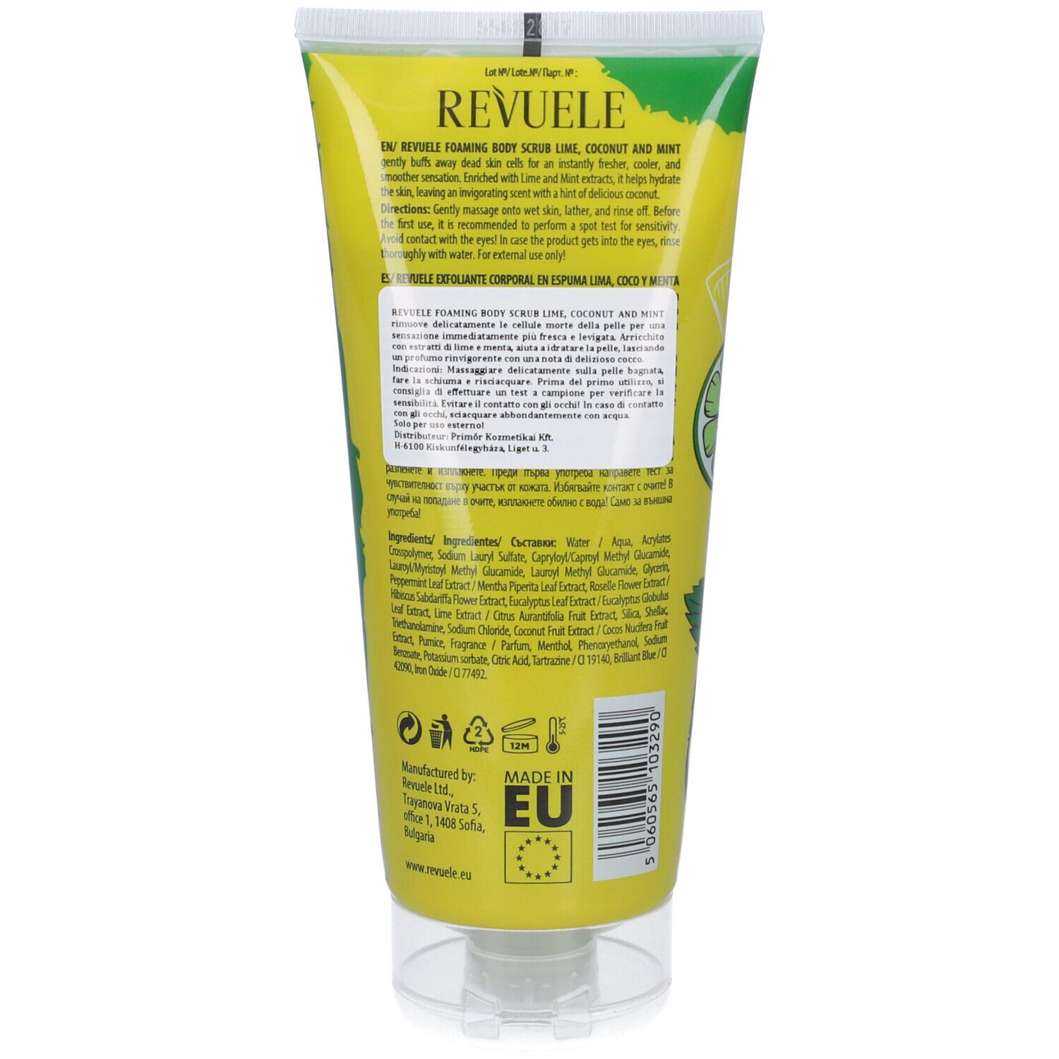 Retro del tubo verde. Testo con ingredienti e informazioni del produttore. Marchio UE.