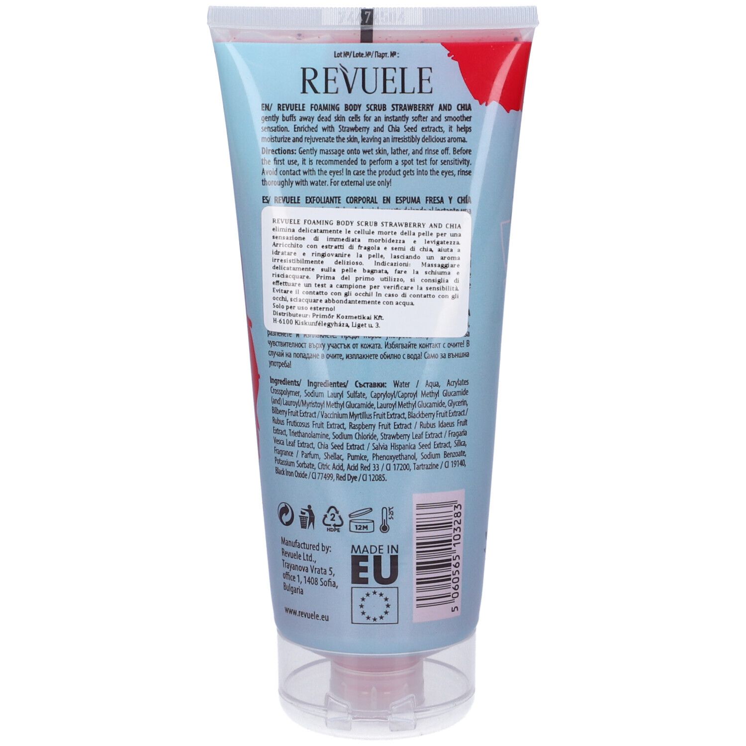 Retro del tubo. Testo: Revuele Foaming Body Scrub Fragola & Chia. Ingredienti e istruzioni per l'uso.