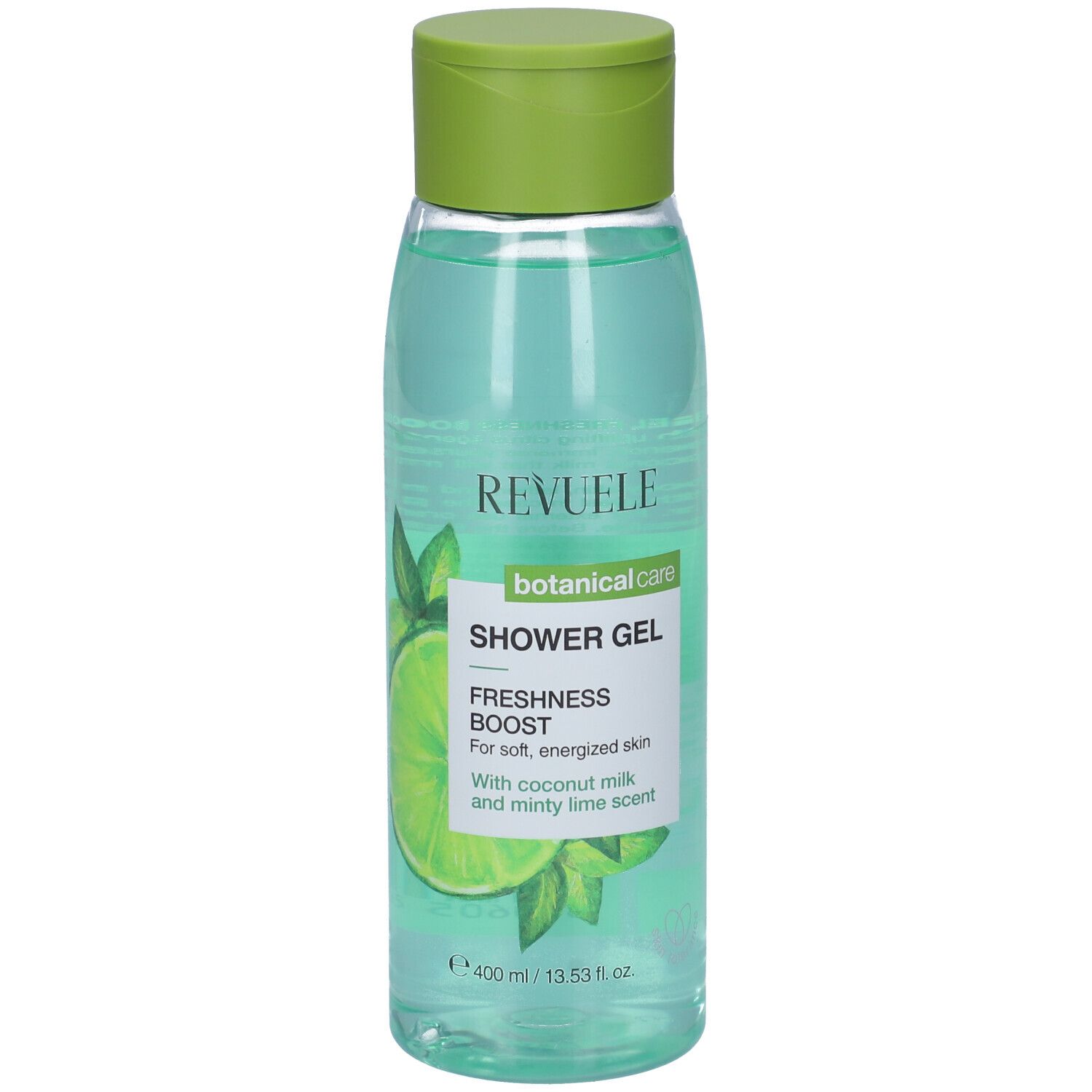 Flacone trasparente con tappo verde. Scritta: Revuele, botanical care, SHOWER GEL, FRESHNESS BOOST. Illustrazione di lime.