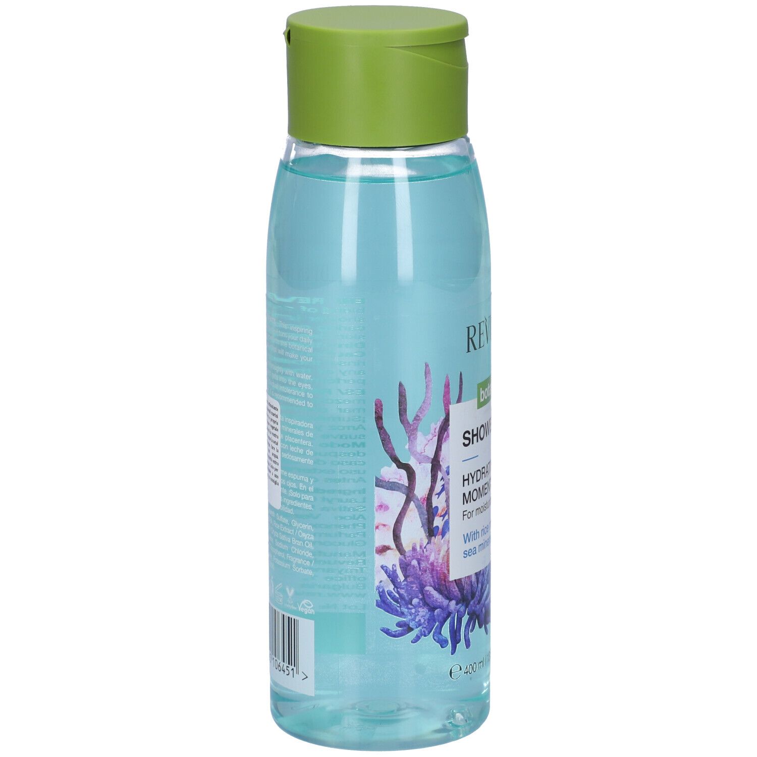 Retro del flacone di gel doccia. Testo e codice a barre. Tappo verde. Flacone trasparente con contenuto blu.