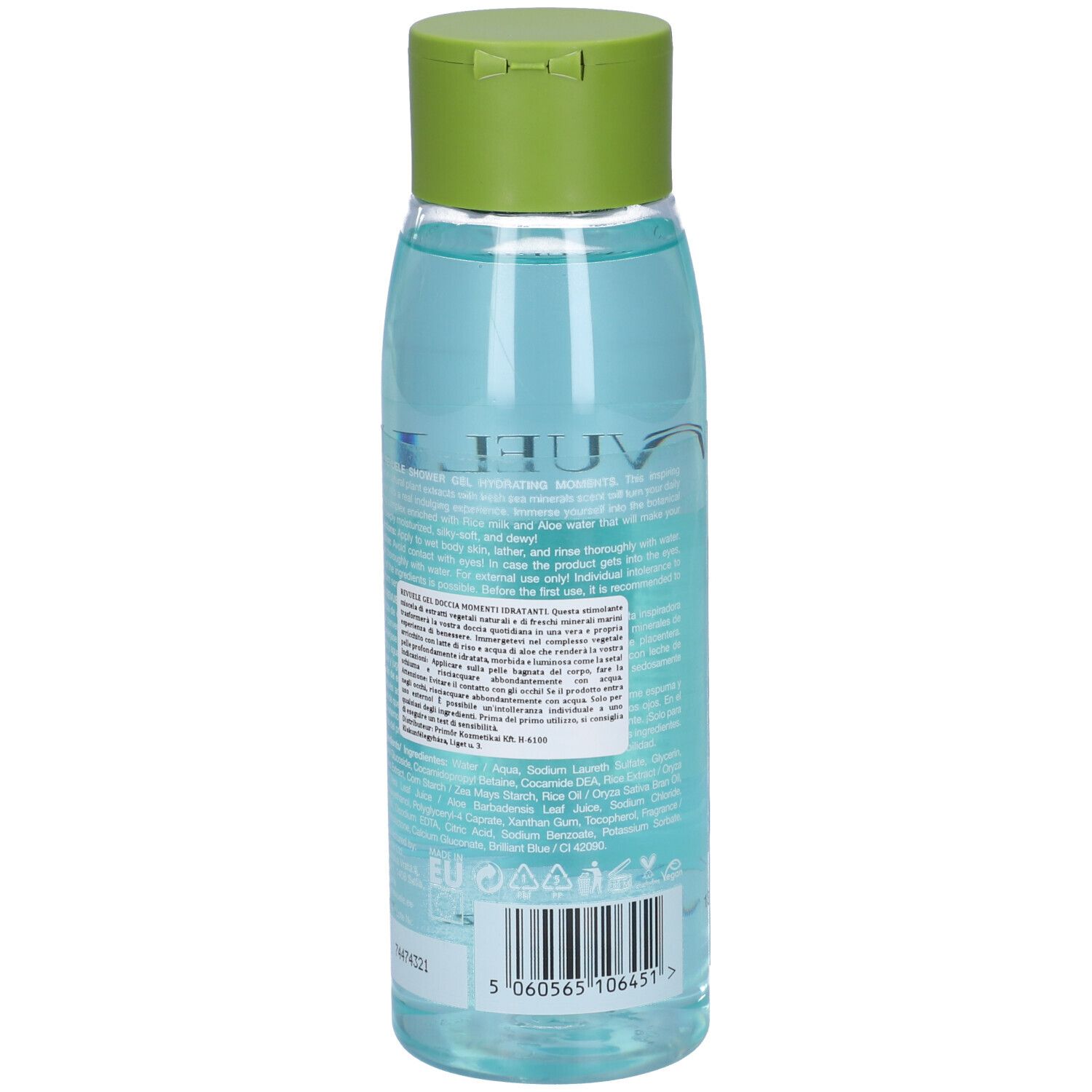 Retro del flacone di gel doccia. Testo e codice a barre. Tappo verde. Flacone trasparente con contenuto blu.